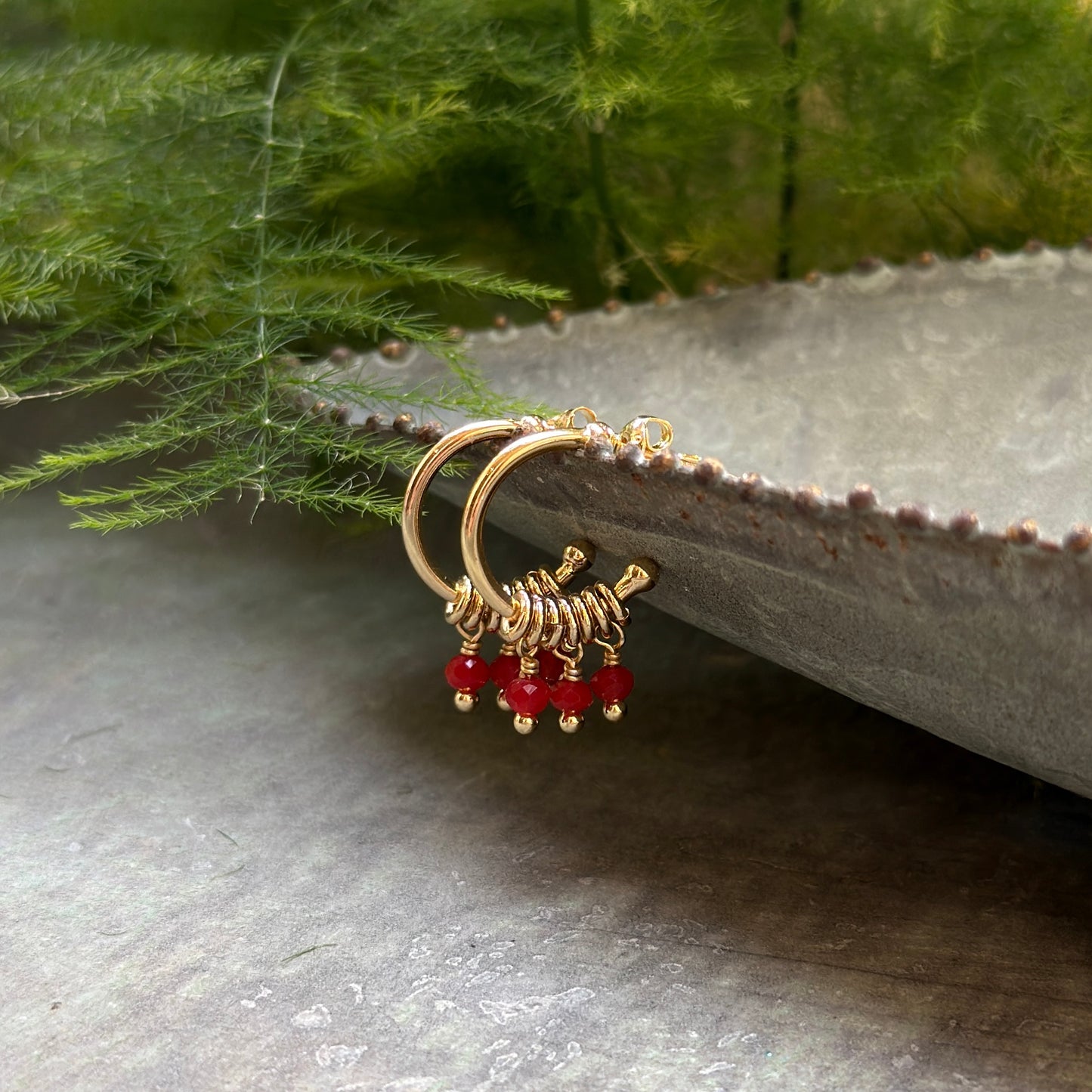 Red Jade 3-Bead Mini Hoop Earrings