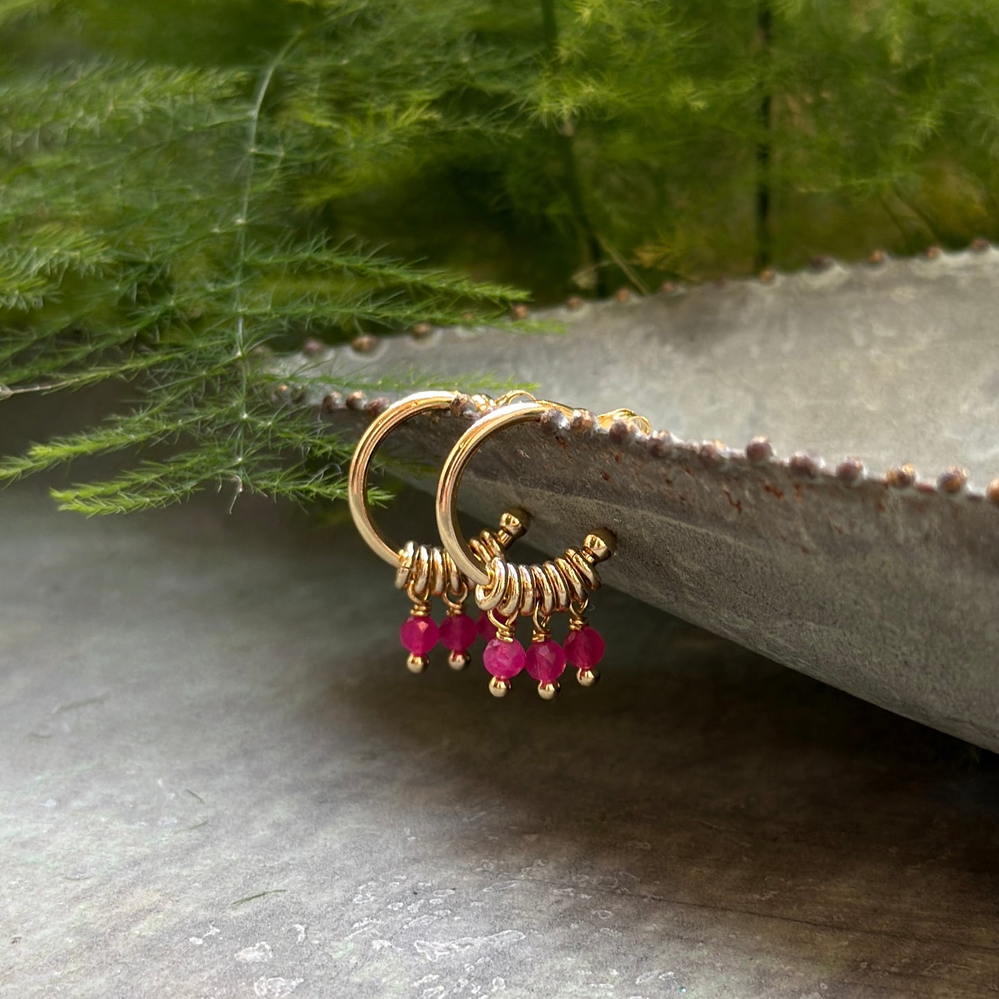 Magenta Pink Garnet 3-Bead Mini Hoop Earrings