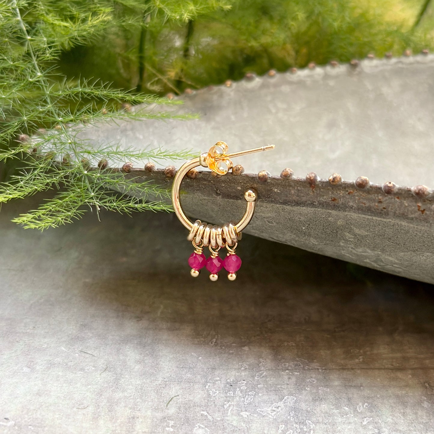 Magenta Pink Garnet 3-Bead Mini Hoop Earrings