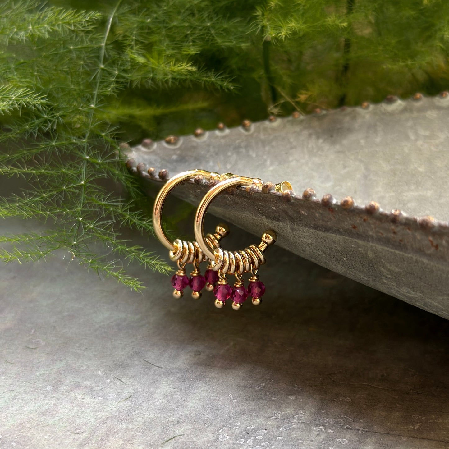 Fuchsia Pink Garnet 3-Bead Mini Hoop Earrings