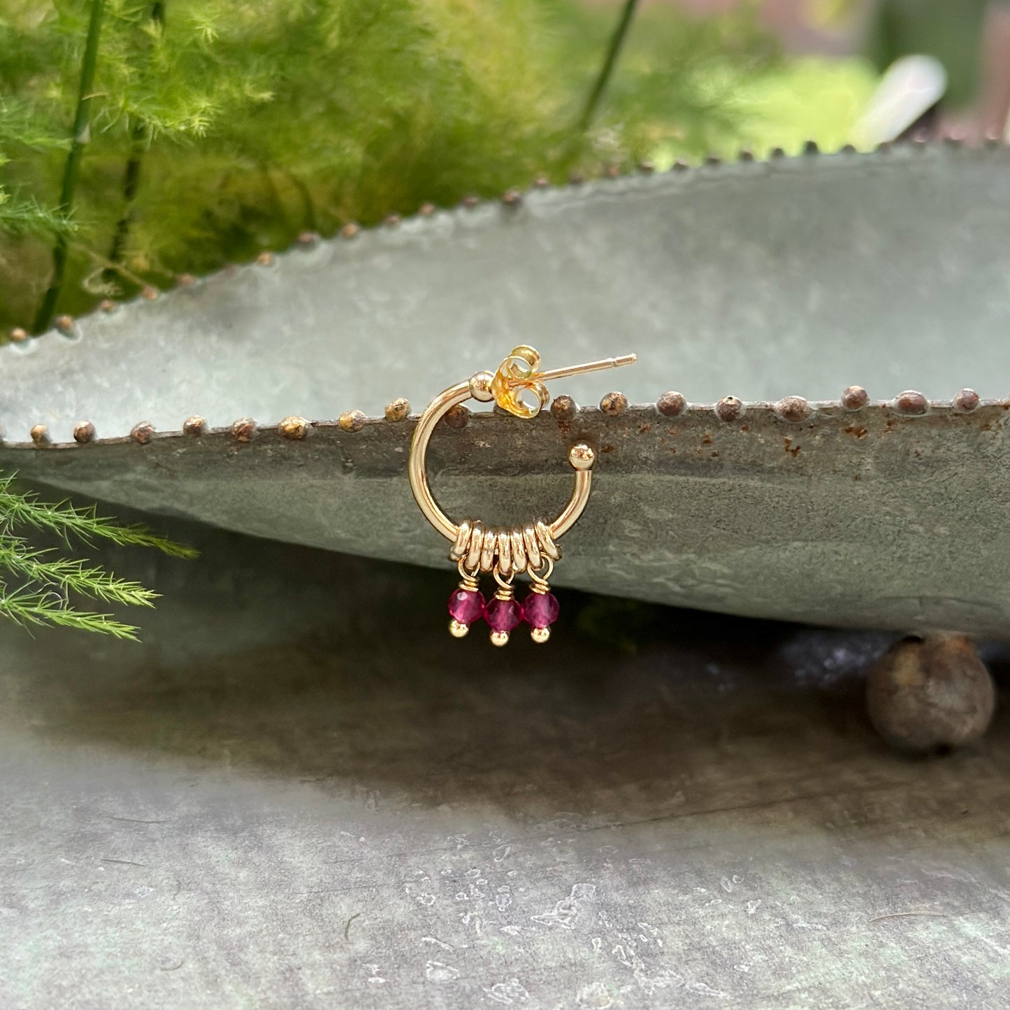 Fuchsia Pink Garnet 3-Bead Mini Hoop Earrings