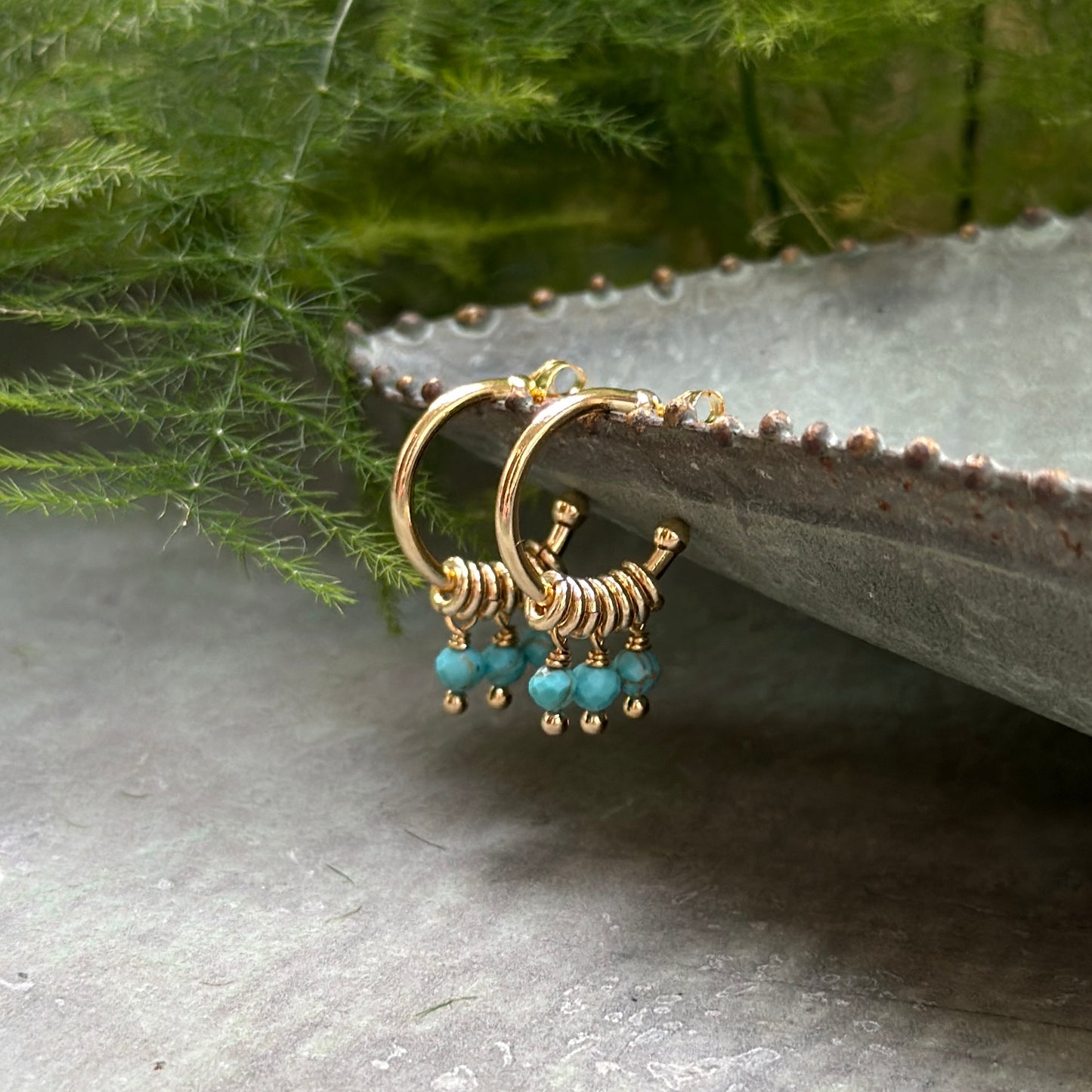 Turquoise Blue 3-Bead Mini Hoop Earrings