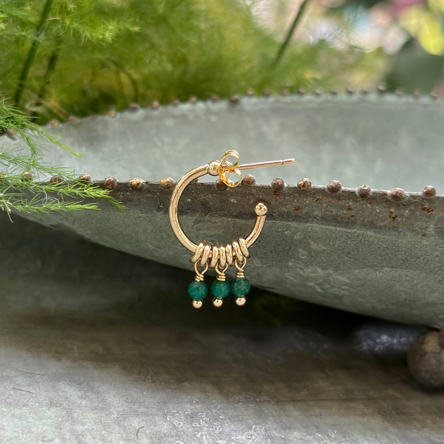 Mid Emerald Green Jade 3-Bead Mini Hoop Earrings