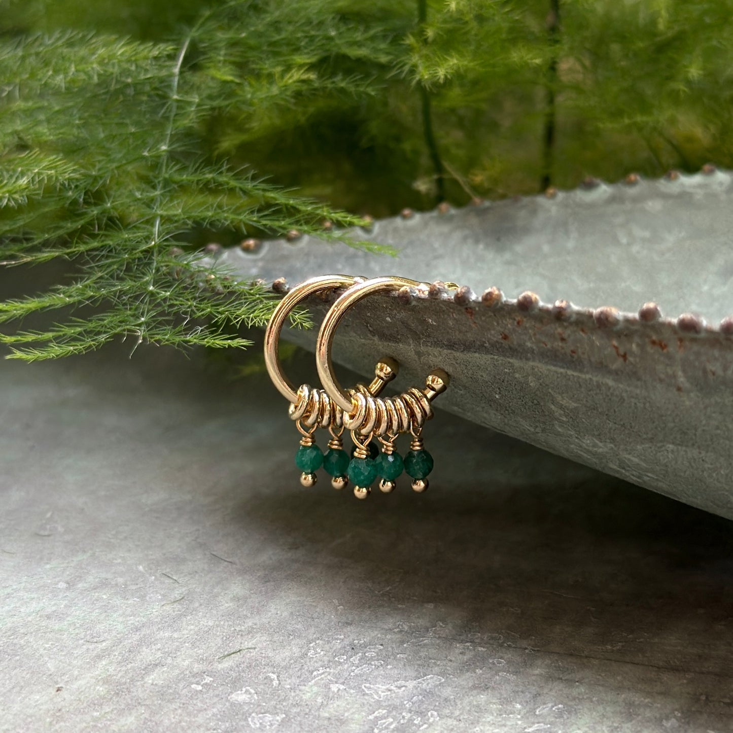 Mid Emerald Green Jade 3-Bead Mini Hoop Earrings