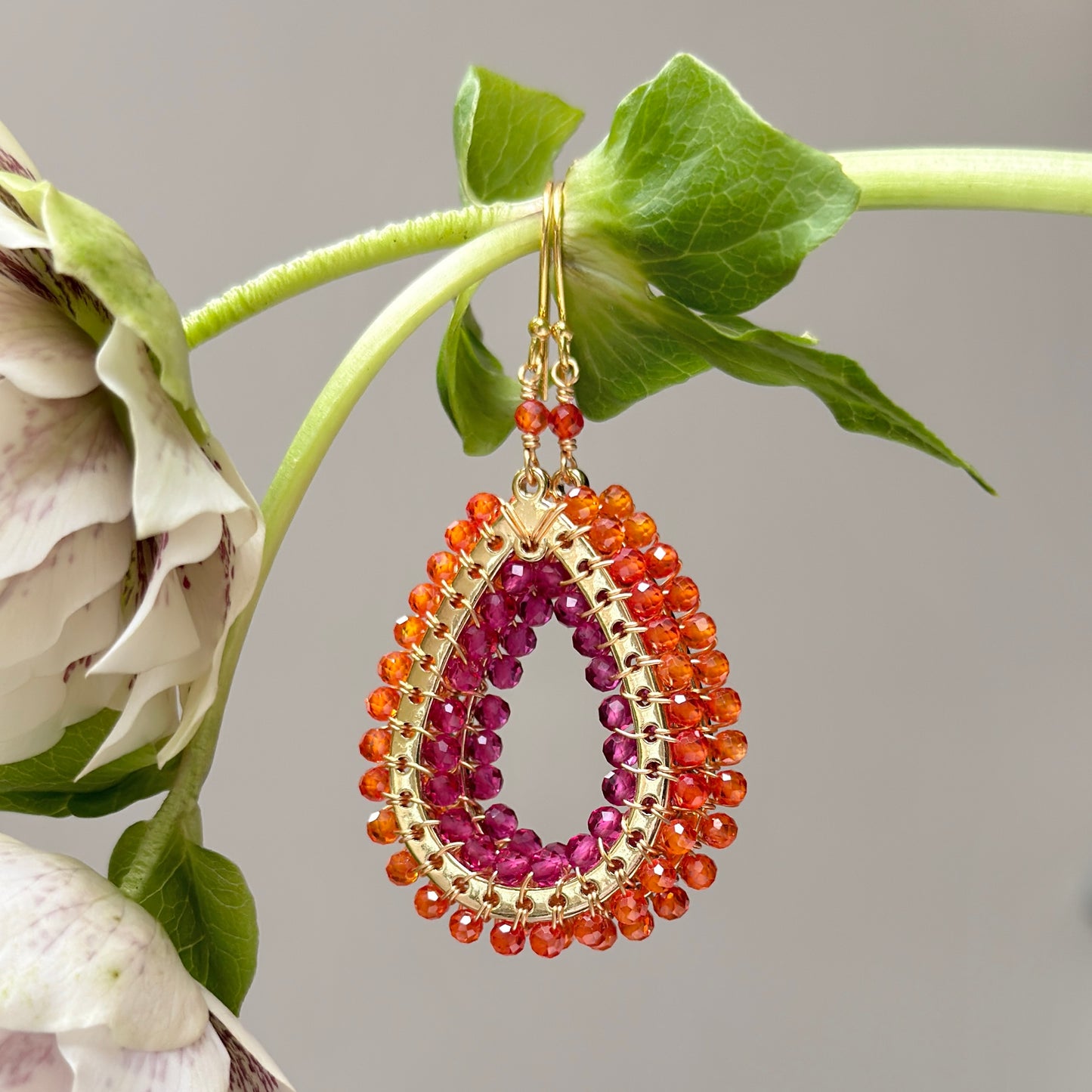 Orange Carnelian & Fuchsia Garnet Mustique Teardrop Earrings