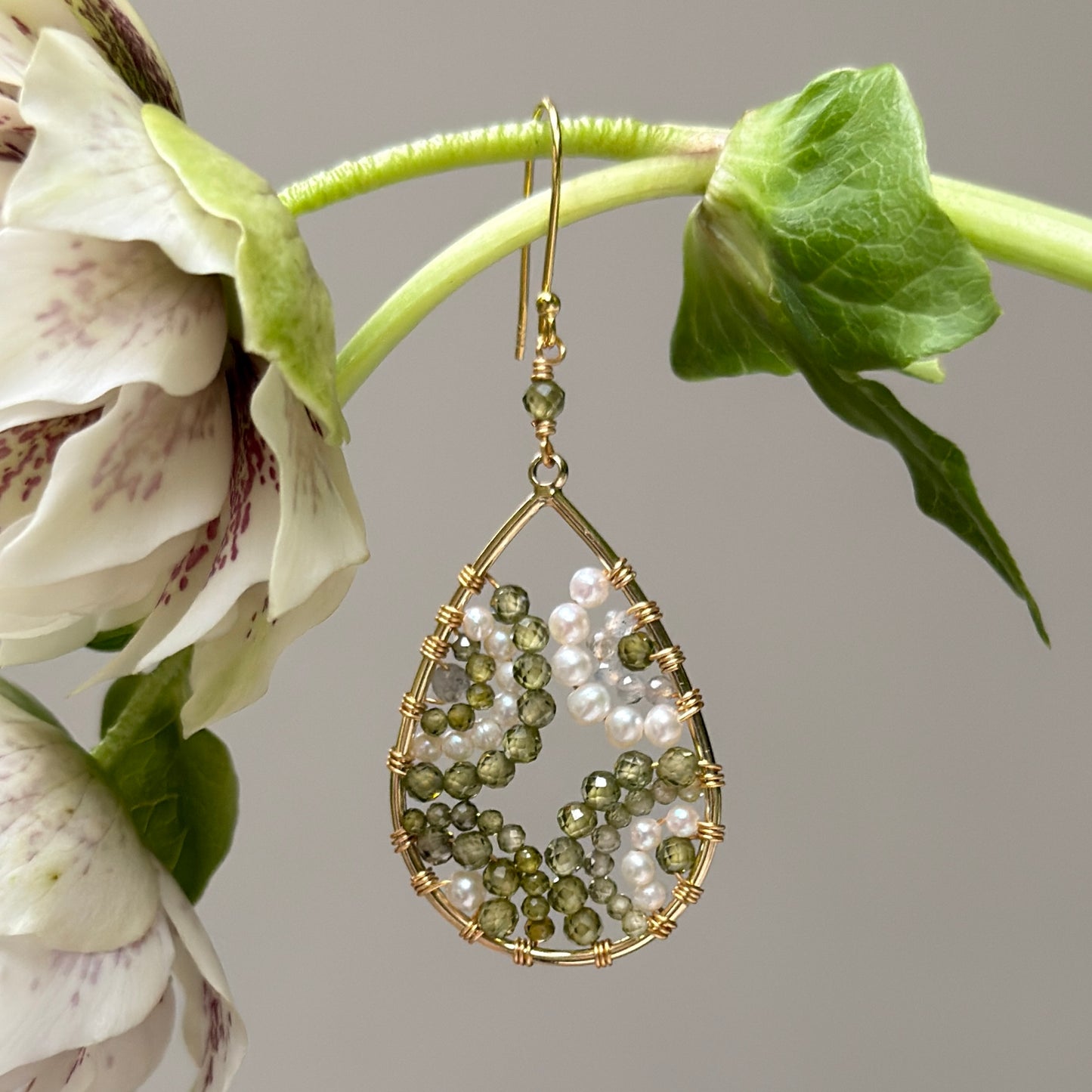 Mandala Olive Green Peridot & Pearl Beaded Teardrop Earrings