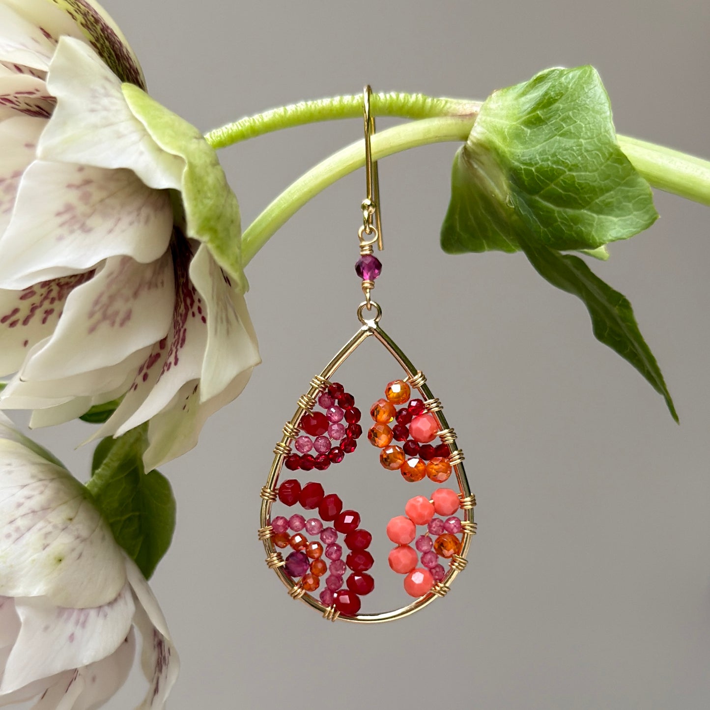 Mandala Red, Pink & Orange Tutti Frutti Beaded Teardrop Earrings