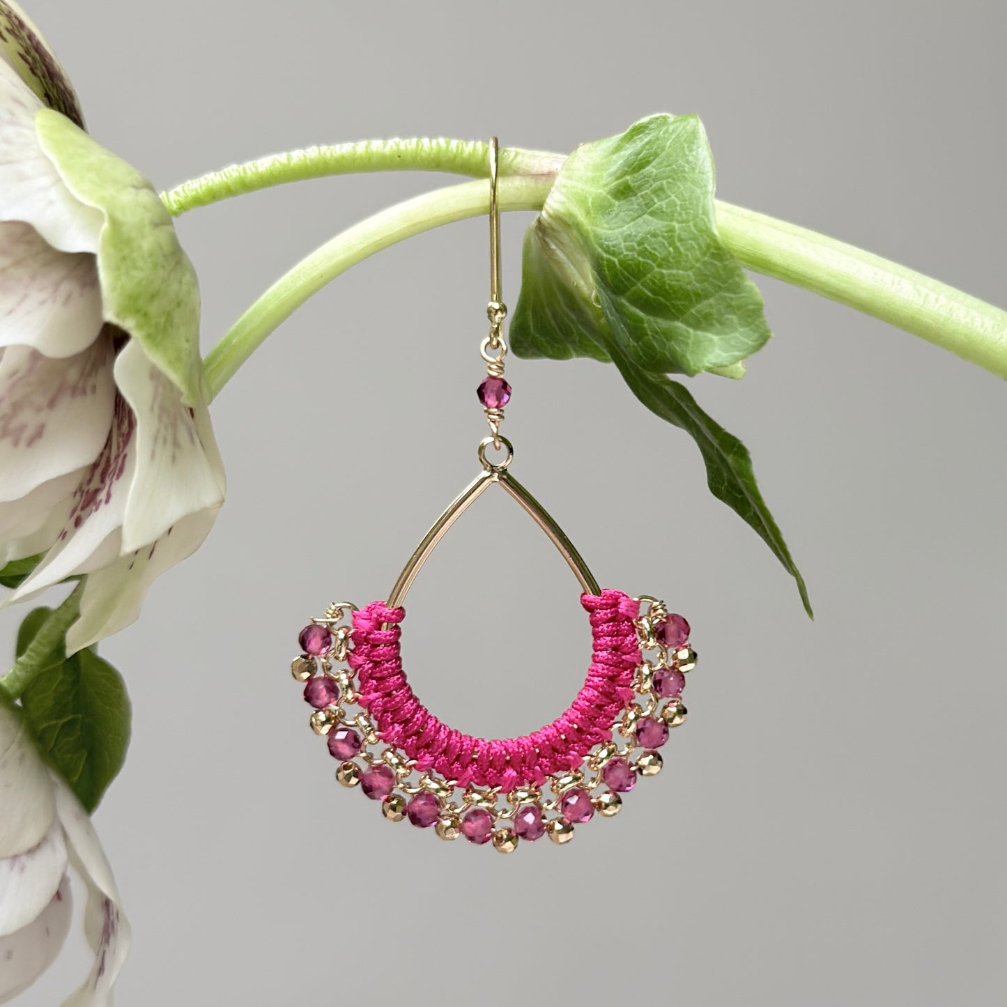 Fuchsia Pink & Gold Pyrite Boho Wrapped Teardrop Earrings