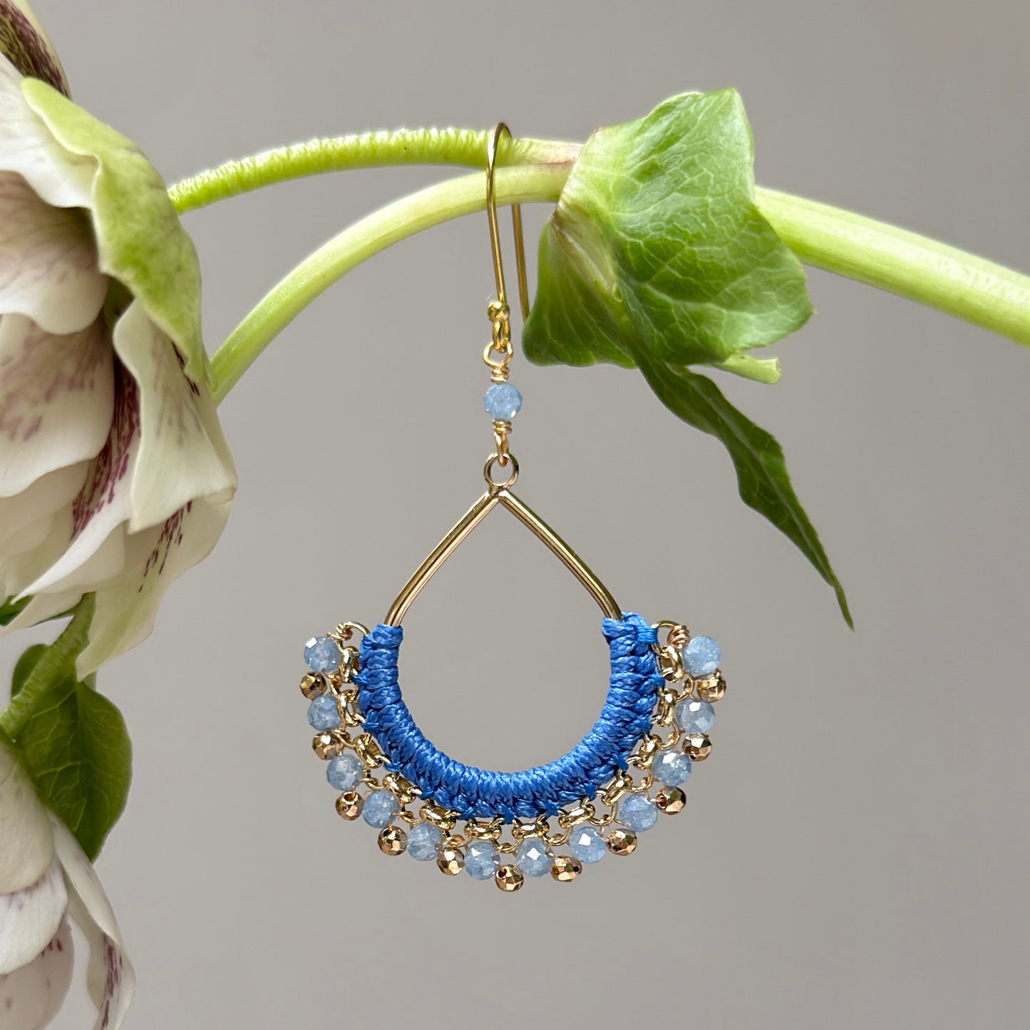 Pale Cornflower Blue Kyanite & Gold Pyrite Boho Wrapped Teardrop Earrings