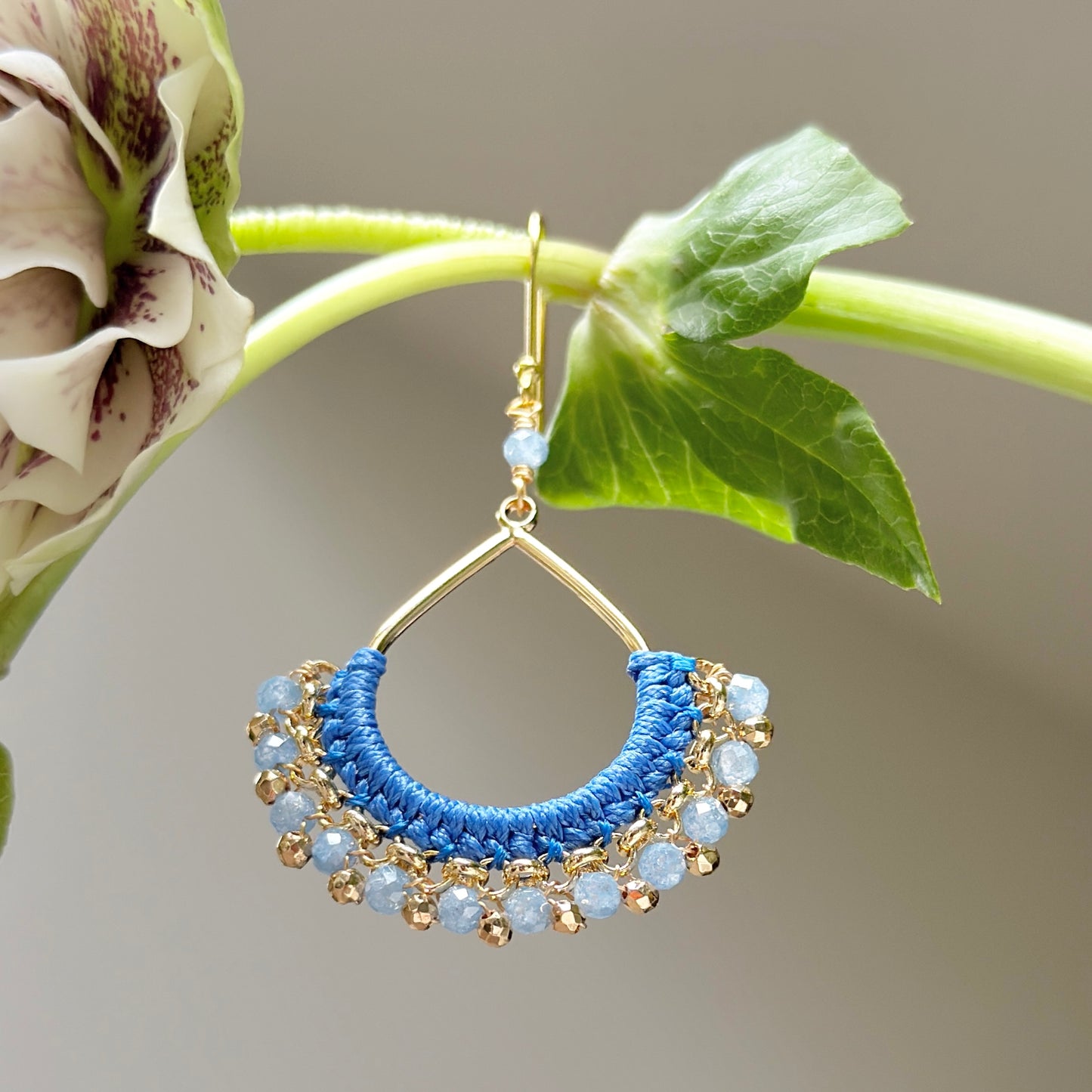 Pale Cornflower Blue Kyanite & Gold Pyrite Boho Wrapped Teardrop Earrings