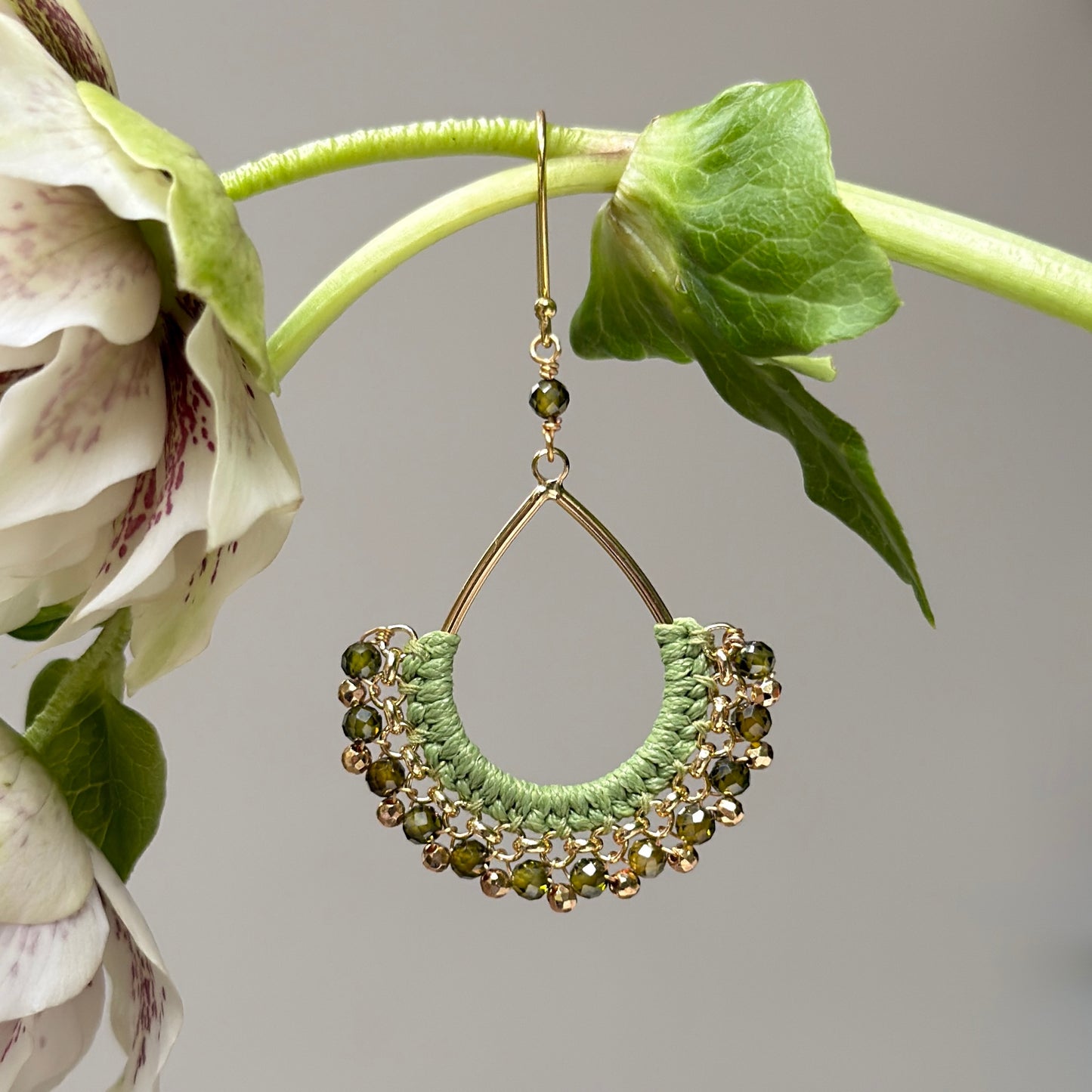 Olive Green Peridot & Gold Pyrite Boho Wrapped Teardrop Earrings
