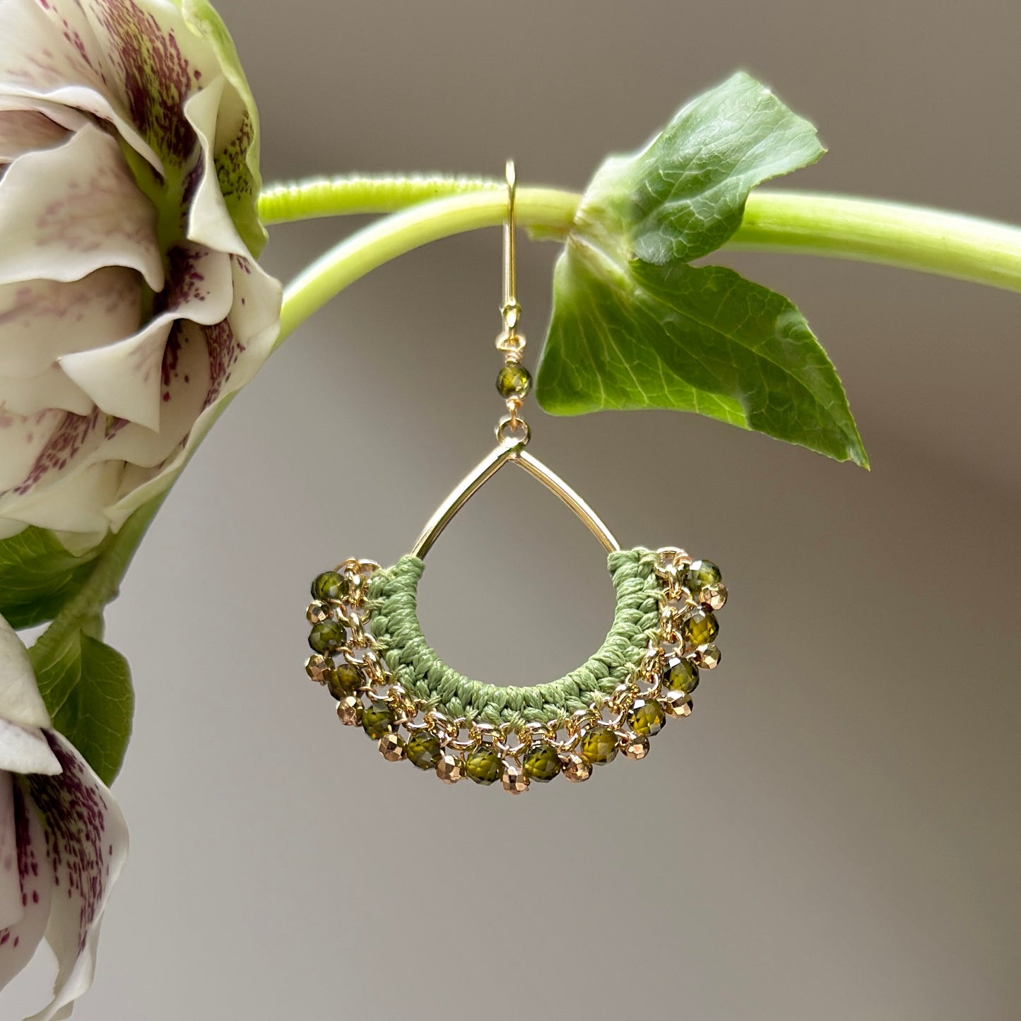 Olive Green Peridot & Gold Pyrite Boho Wrapped Teardrop Earrings