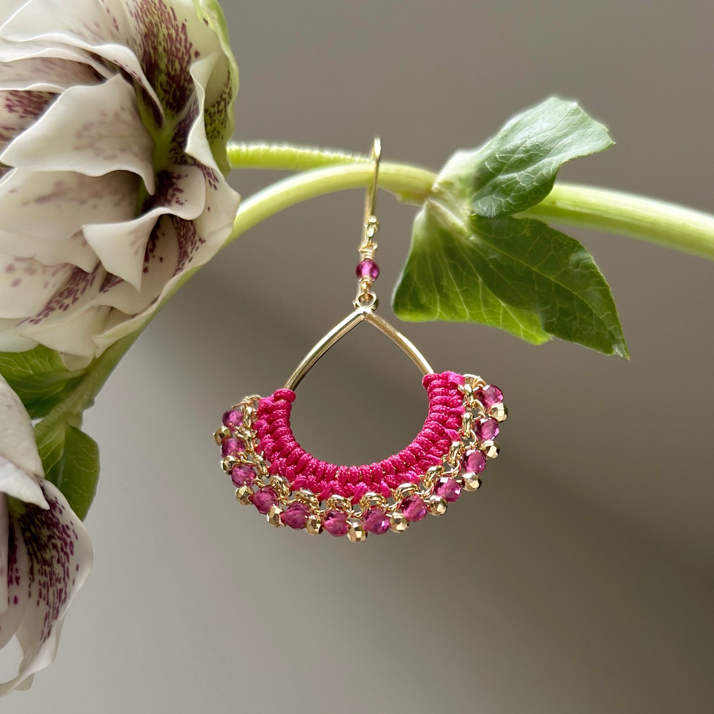 Fuchsia Pink & Gold Pyrite Boho Wrapped Teardrop Earrings