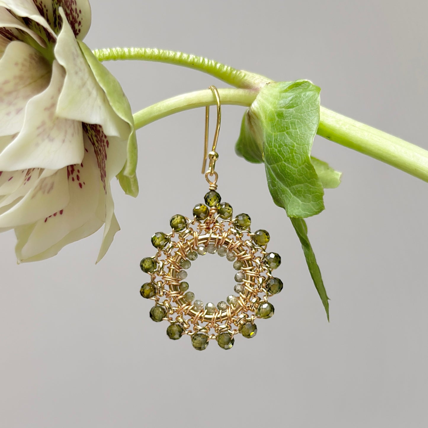 Olive Green Peridot Rolo Round Beaded Earrings