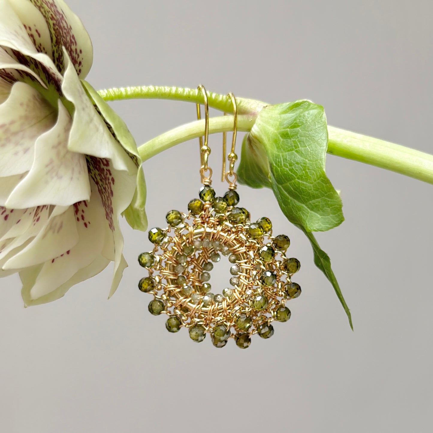 Olive Green Peridot Rolo Round Beaded Earrings