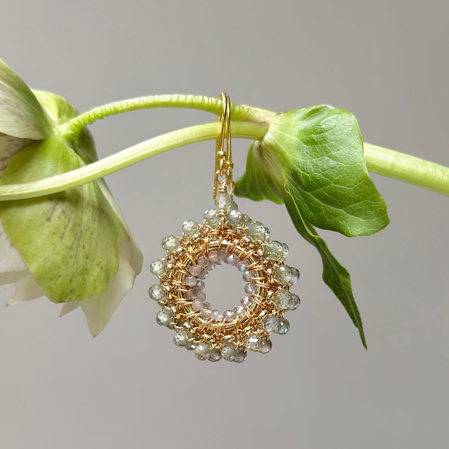 Sage Green Agate & Crystal Rolo Round Beaded Earrings