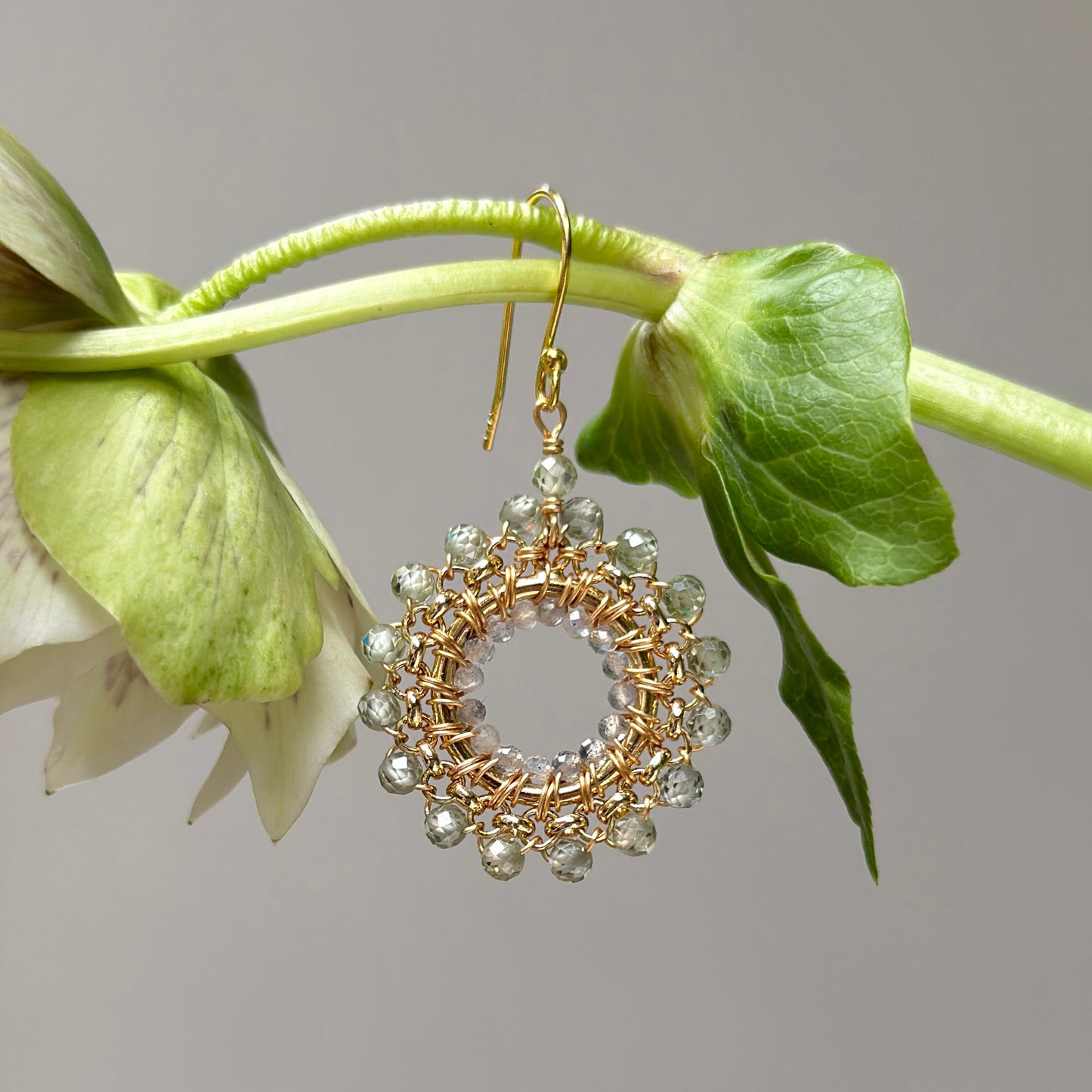 Sage Green Agate & Crystal Rolo Round Beaded Earrings