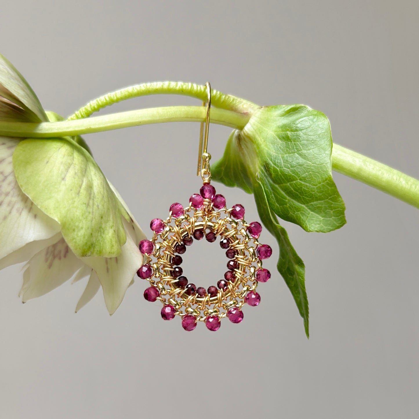 Fuchsia Pink Garnet & Burgundy Garnet Rolo Round Beaded Earrings