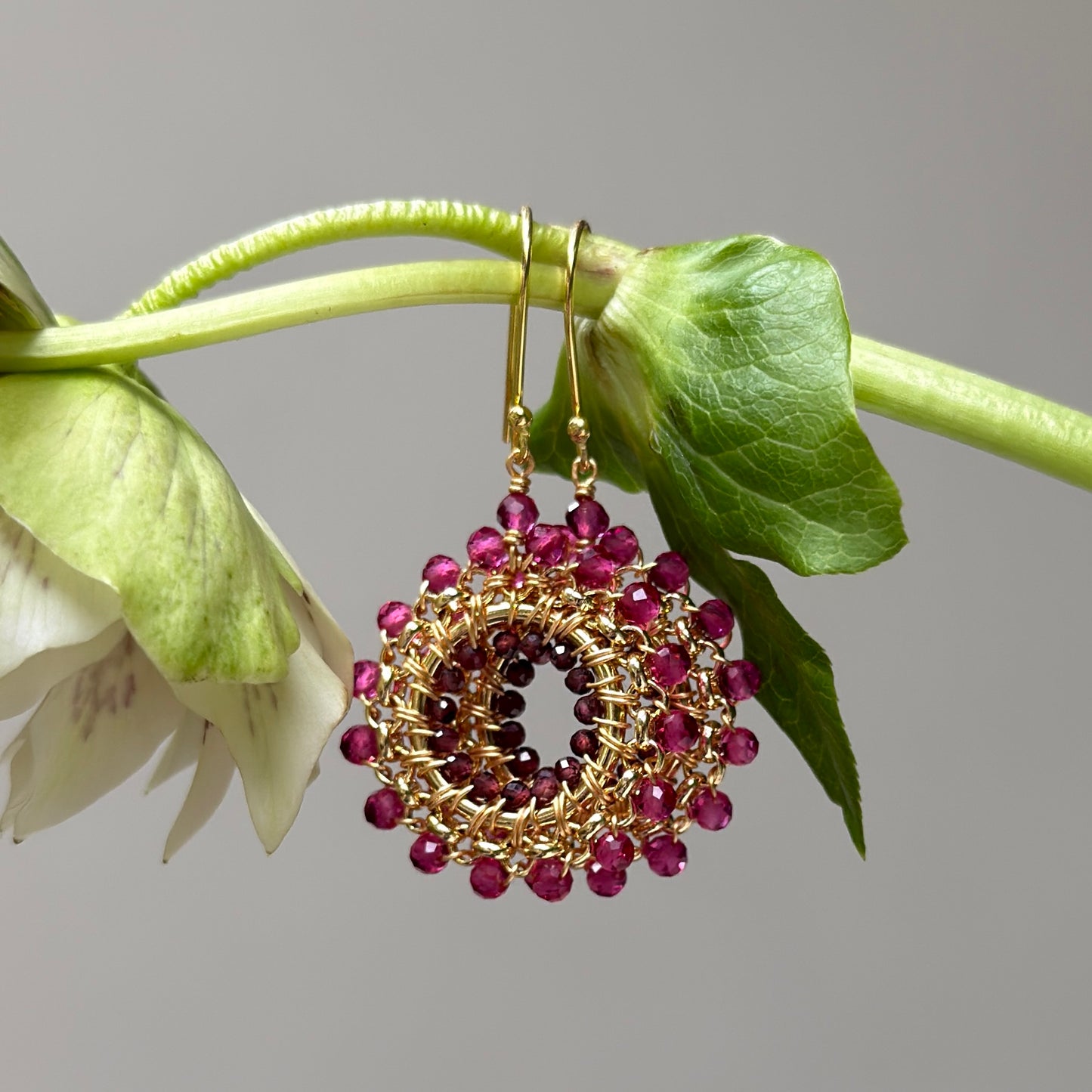 Fuchsia Pink Garnet & Burgundy Garnet Rolo Round Beaded Earrings