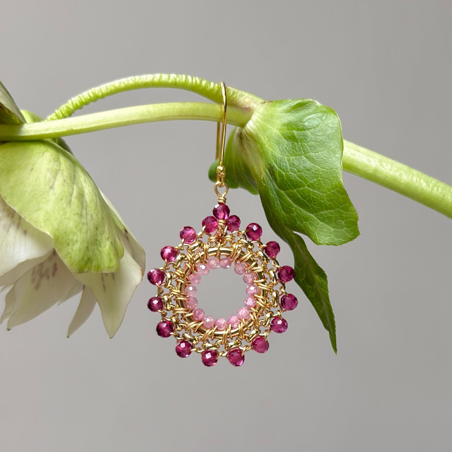 Fuchsia Pink Garnet & Candy Pink Garnet Rolo Round Beaded Earrings
