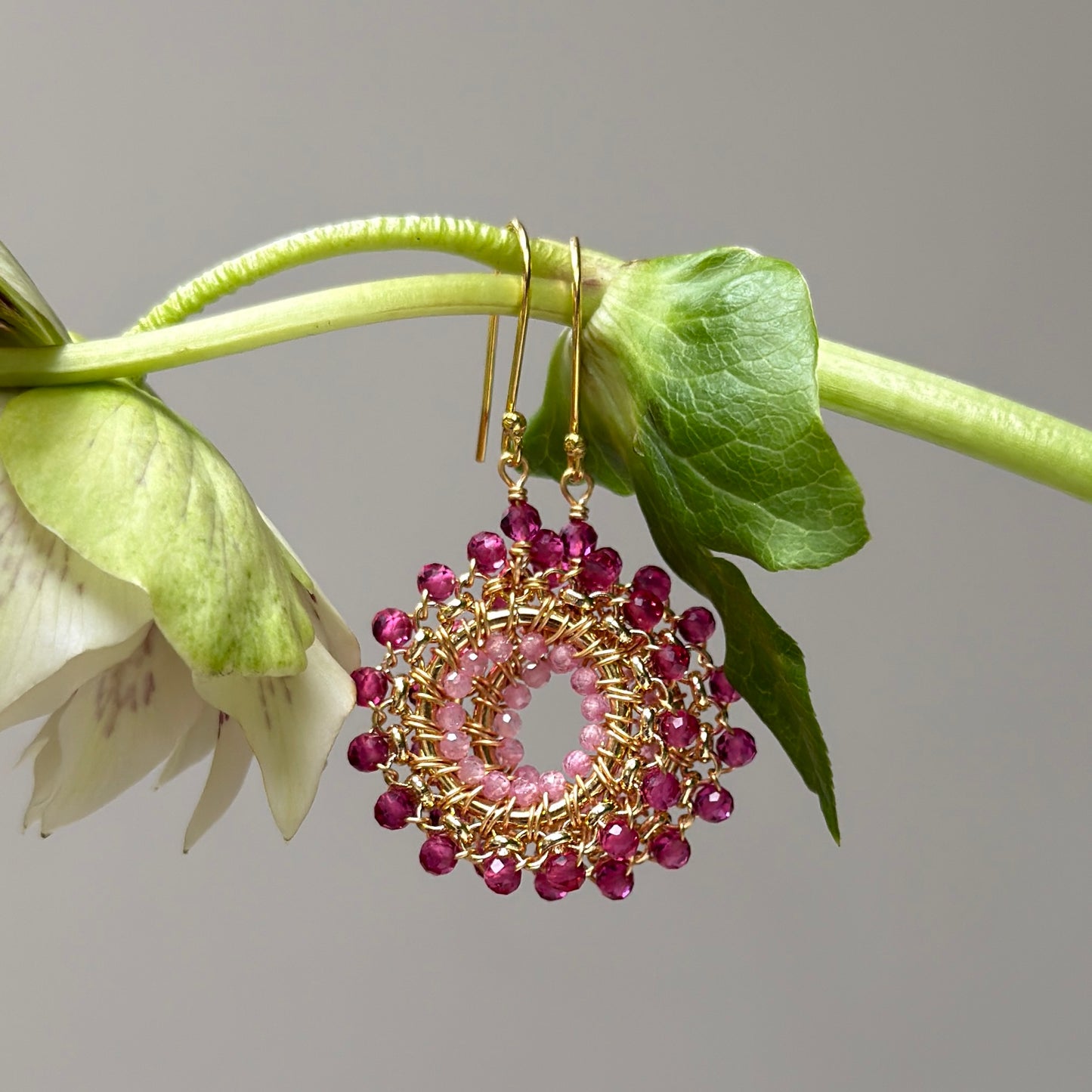 Fuchsia Pink Garnet & Candy Pink Garnet Rolo Round Beaded Earrings