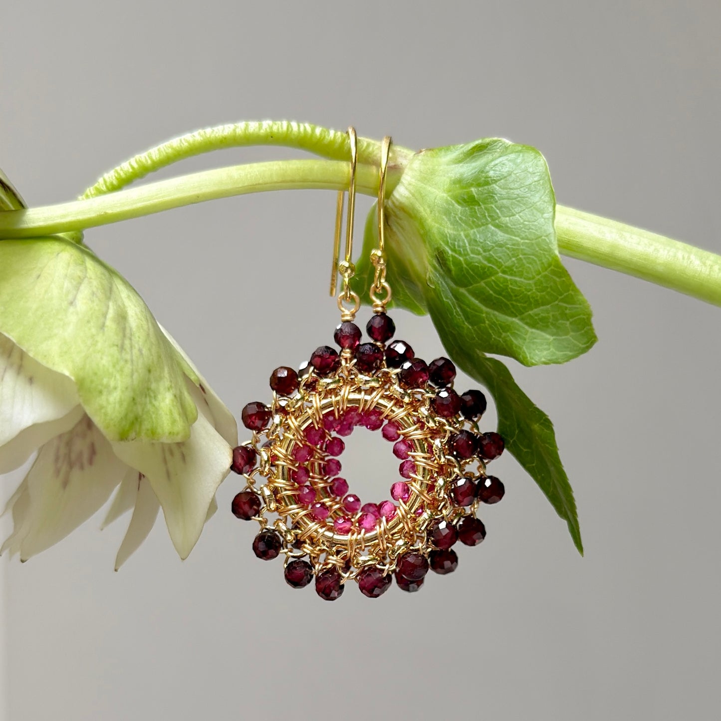 Burgundy Garnet & Fuchsia Pink Garnet Round Beaded Earrings
