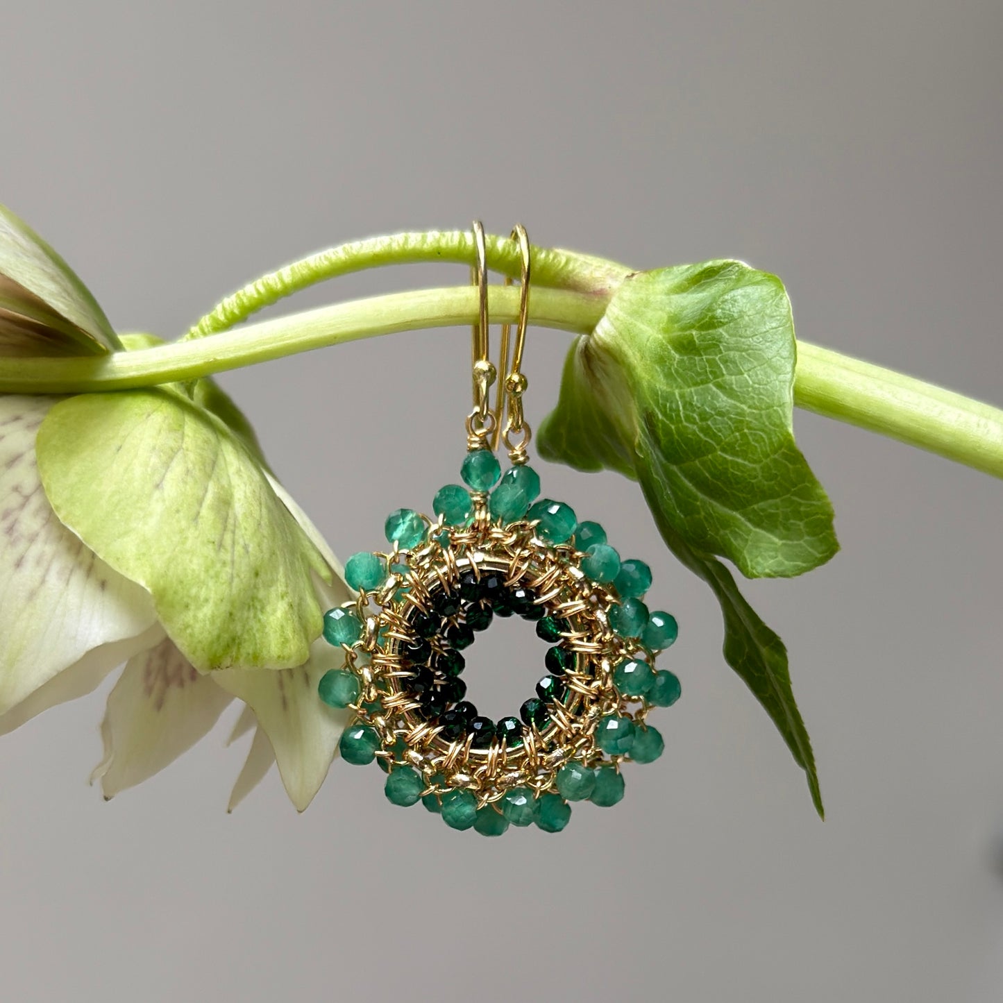 Apple Green Jade & Emerald Green Jade Rolo Round Beaded Earrings