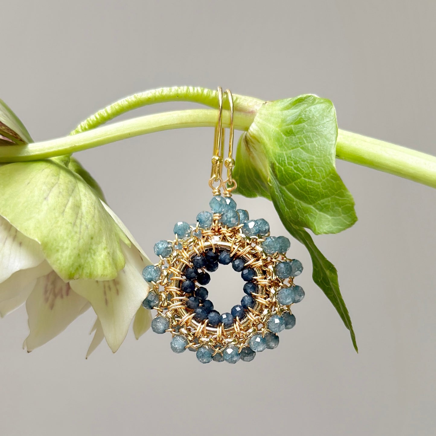 Pale Denim Blue Azurite & Dark Denim Iolite Rolo Round Beaded Earrings
