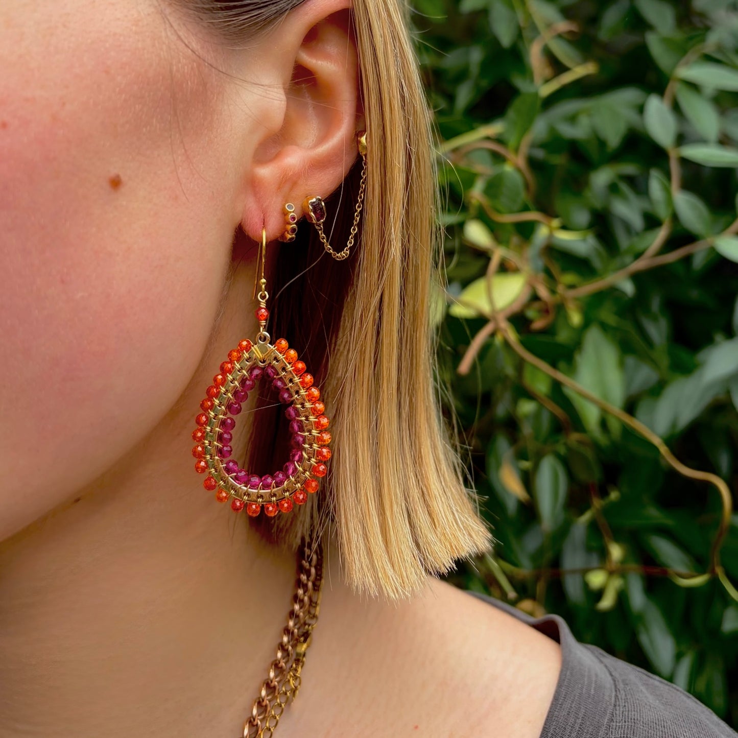 Orange Carnelian & Fuchsia Garnet Mustique Teardrop Earrings