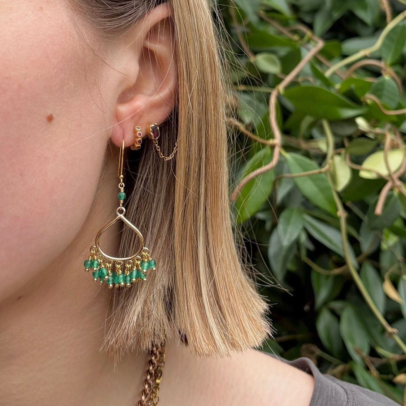 Dark Mint Green Jade Paxos 21-Bead Teardrop Earrings