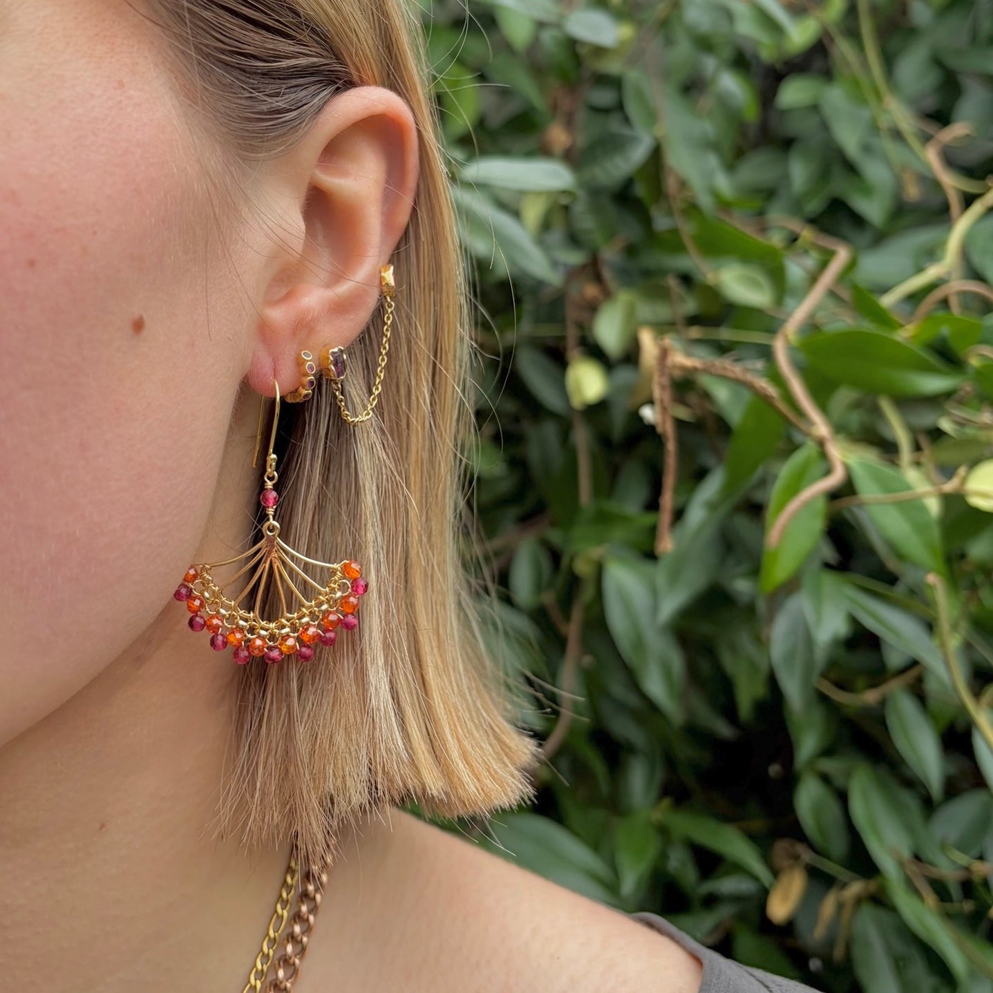 Orange Carnelian & Fuchsia Pink Garnet Rolo Fan Beaded Earrings