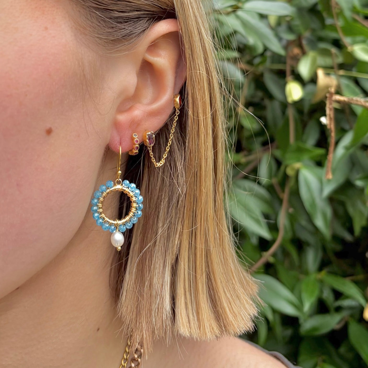 Dark Cornflower Blue Kyanite Mini Round With Pearl Drop Beaded Earrings