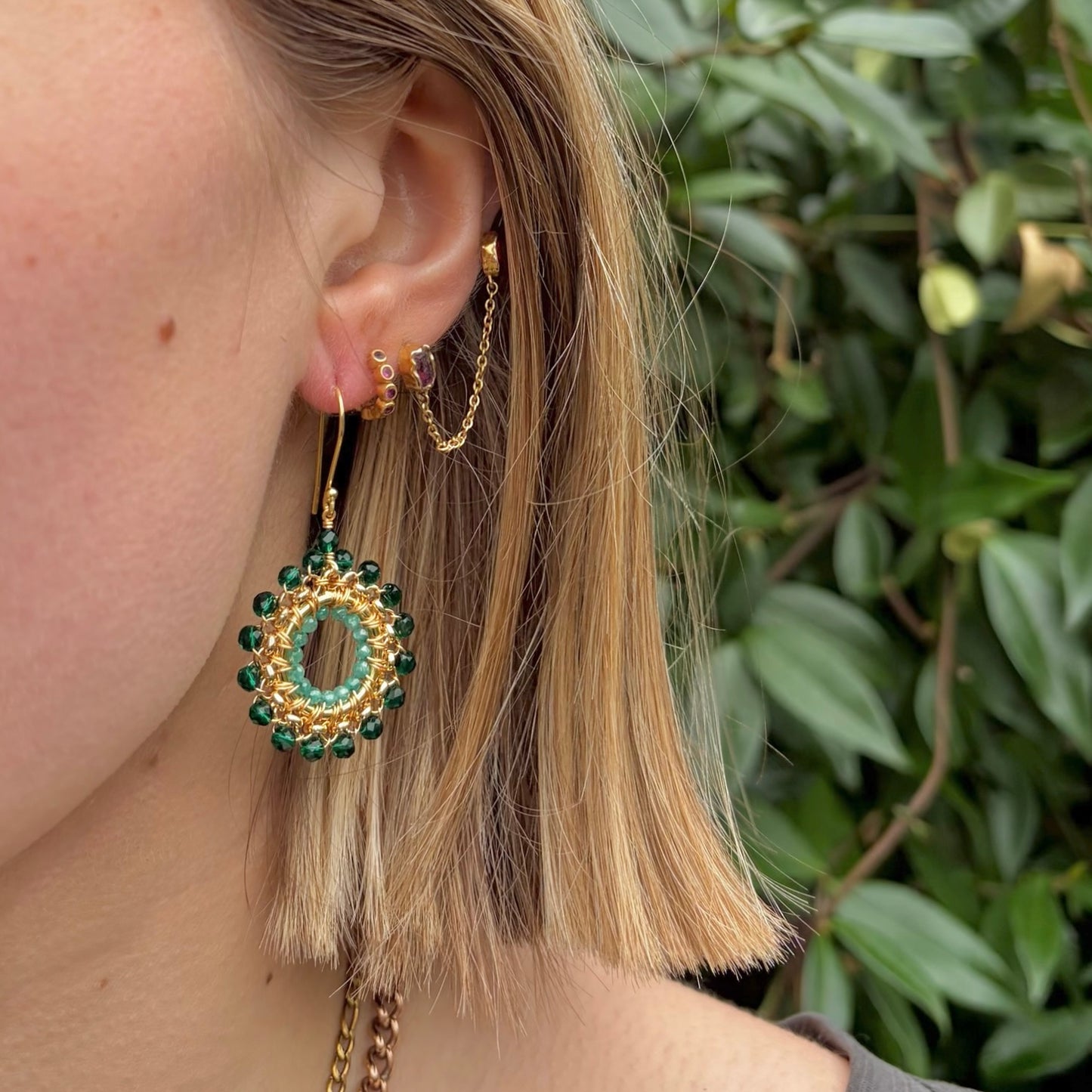 Emerald Green & Mint Green Jade Rolo Round Beaded Earrings