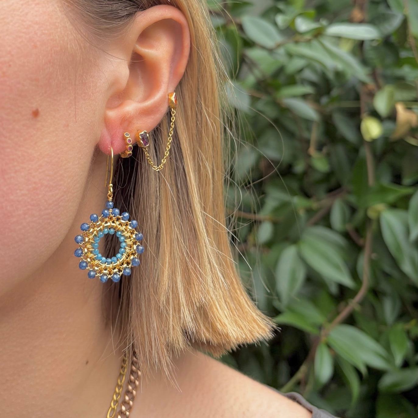 Royal Blue Azurite & Cornflower Blue Kyanite Rolo Round Beaded Earrings