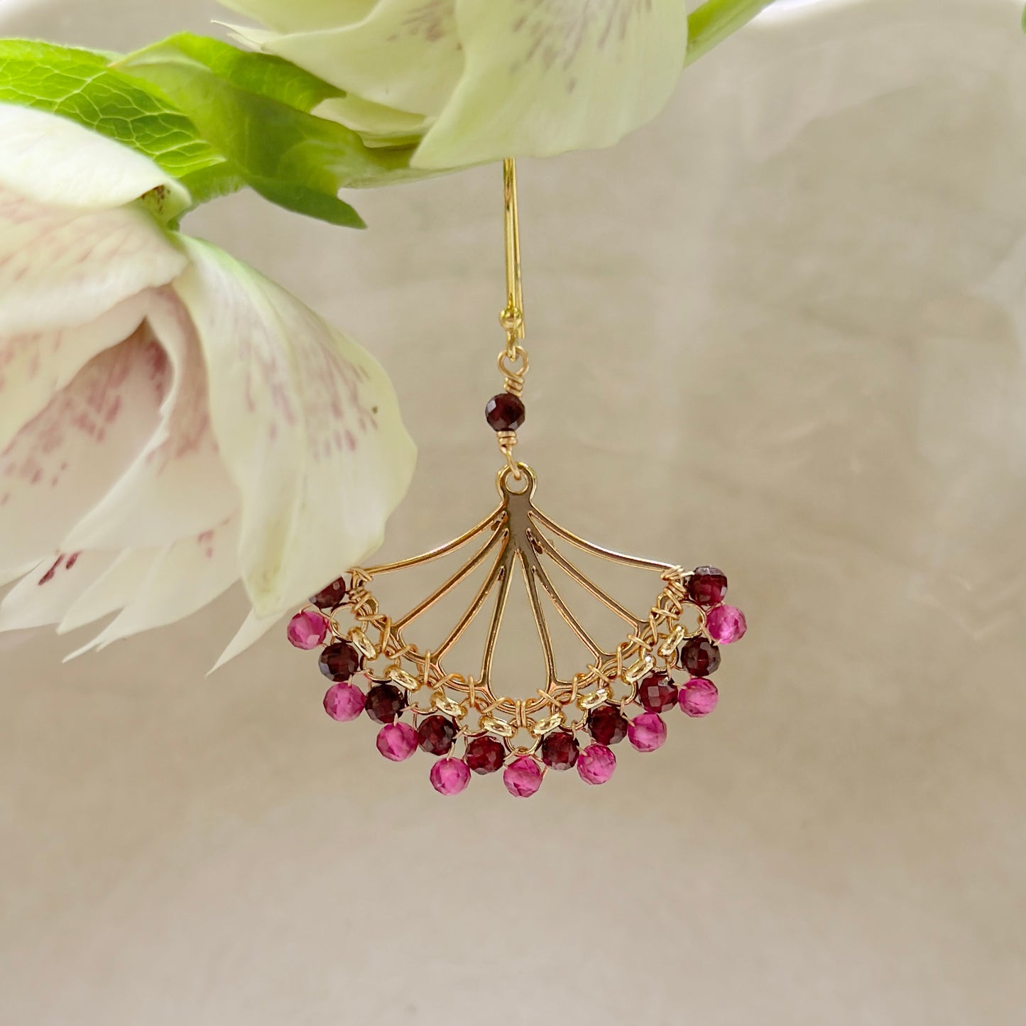 Burgundy & Fuchsia Pink Garnet Rolo Fan Beaded Earrings