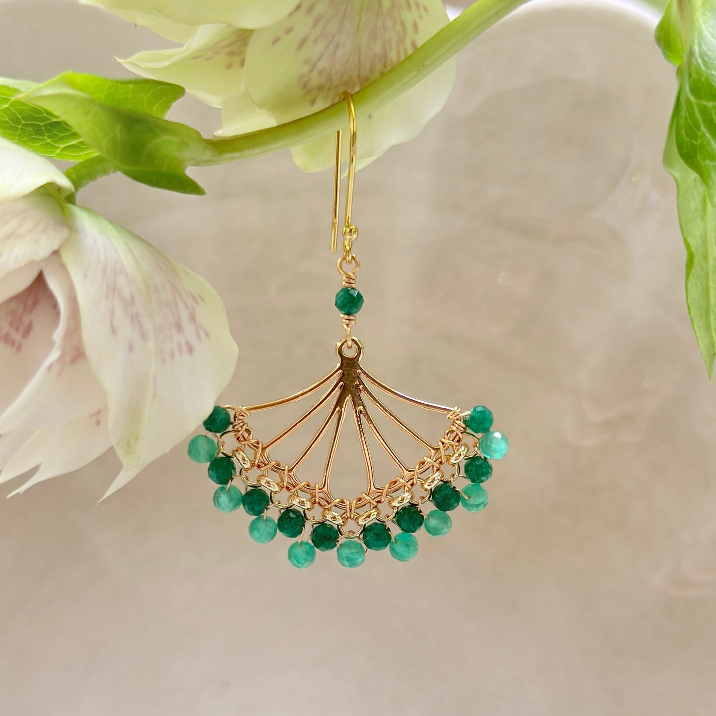 Dark Mint Green & Mid Emerald Jade Rolo Fan Beaded Earrings