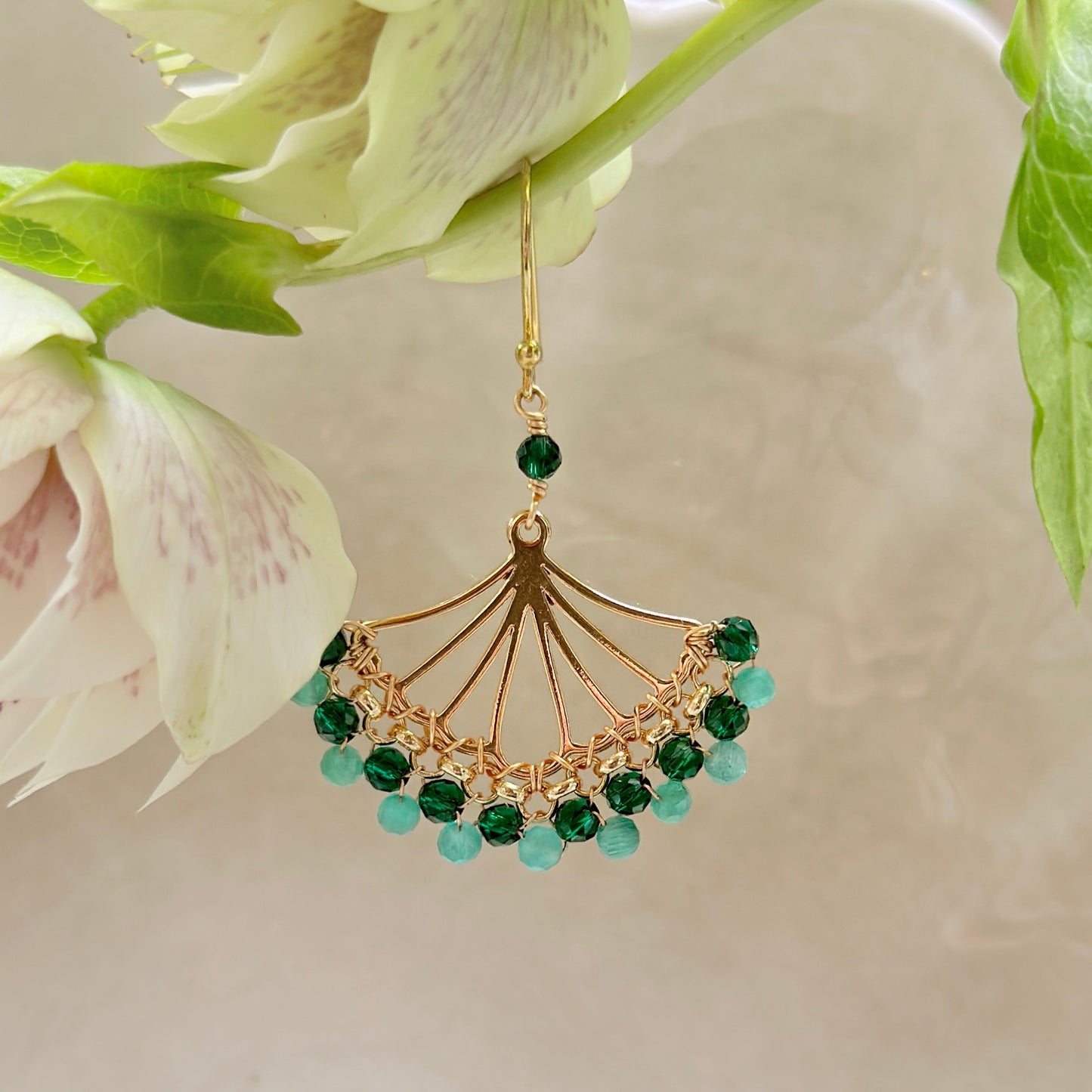 Mint Green Jade & Emerald Green Jade Rolo Fan Beaded Earrings
