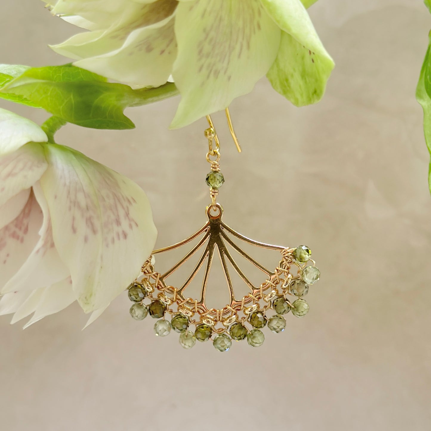 Olive Green Peridot Rolo Fan Beaded Earrings