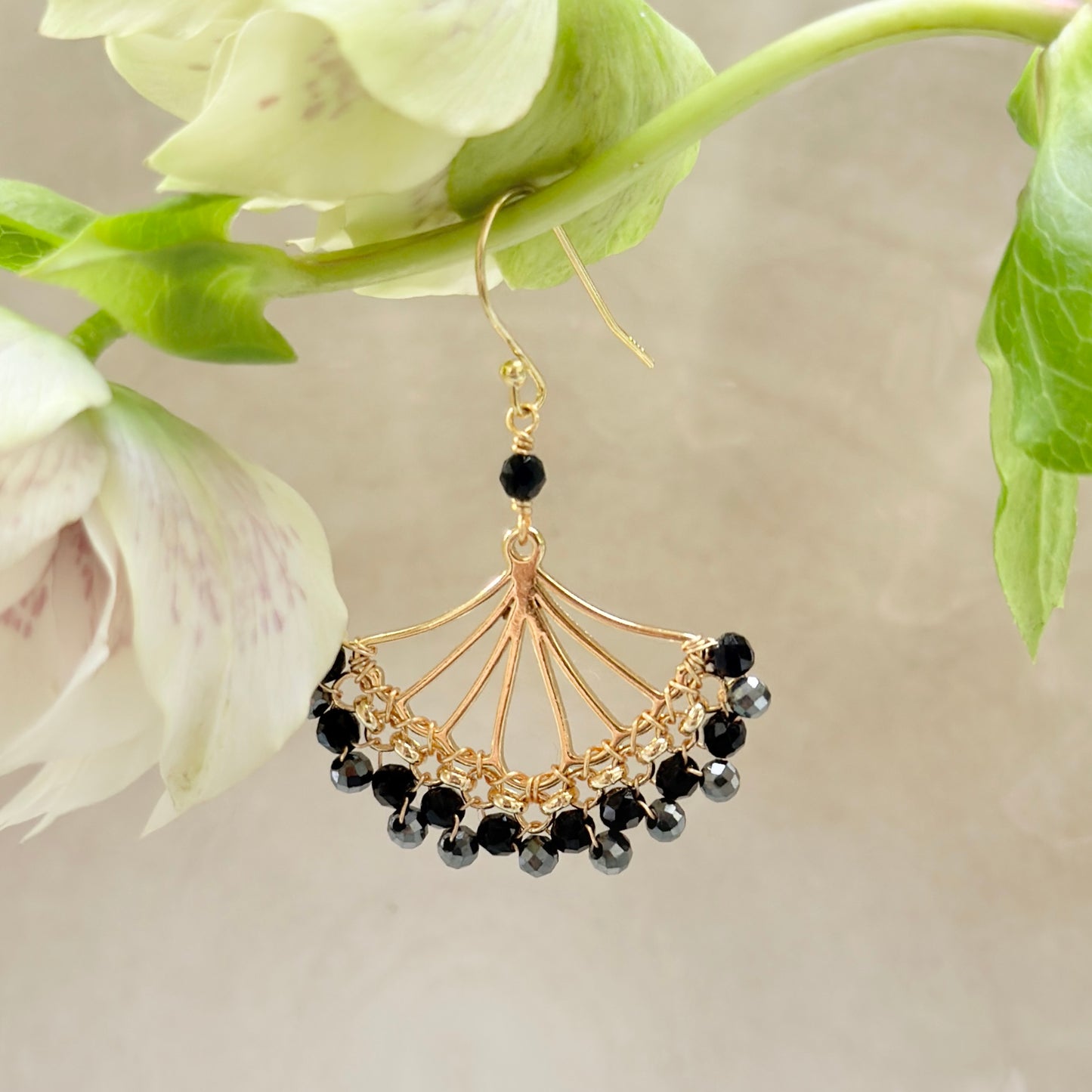 Black Onyx & Sparkly Charcoal Grey Hematite Rolo Fan Beaded Earrings