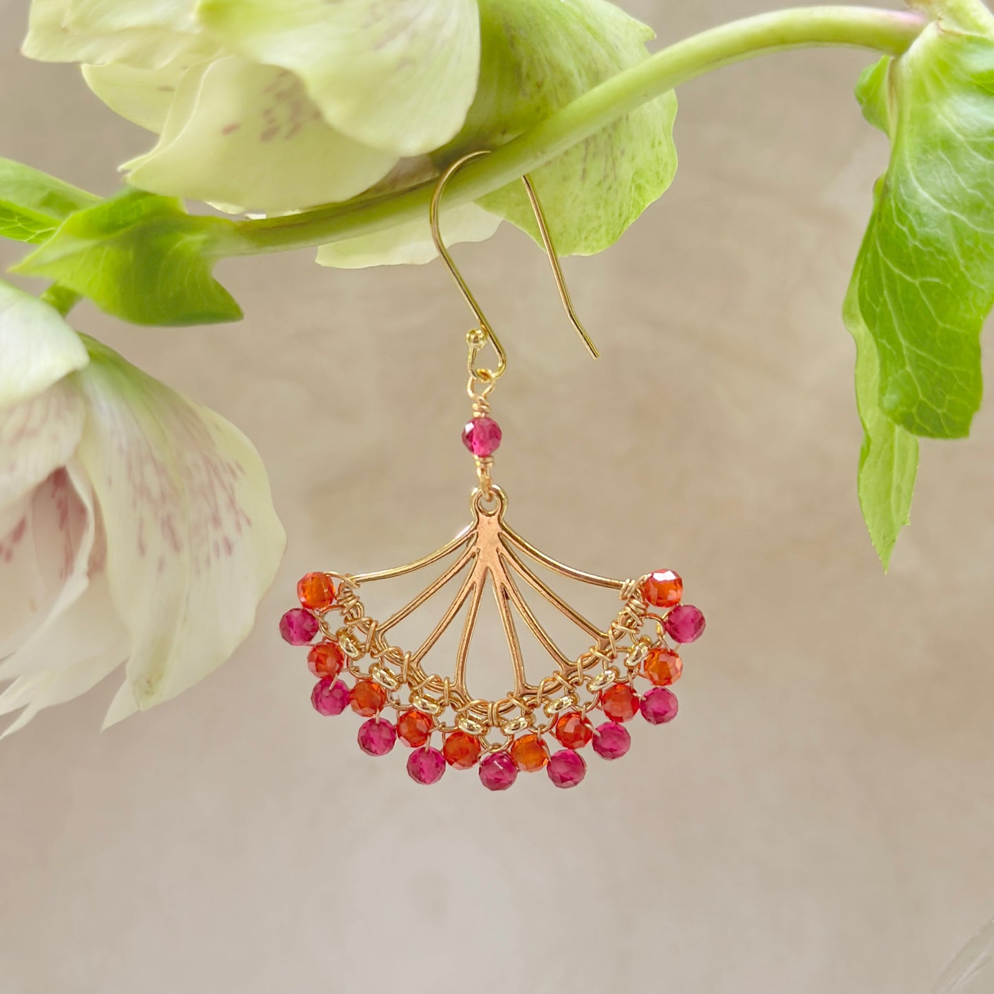 Orange Carnelian & Fuchsia Pink Garnet Rolo Fan Beaded Earrings