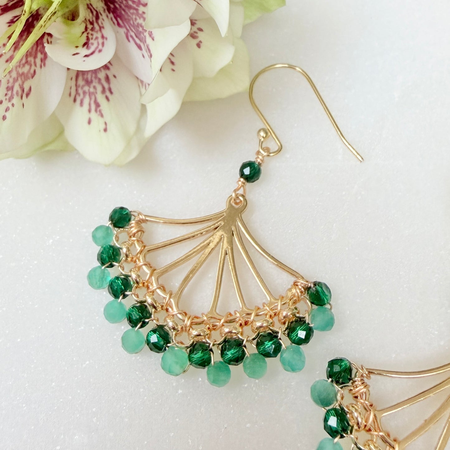Mint Green Jade & Emerald Green Jade Rolo Fan Beaded Earrings