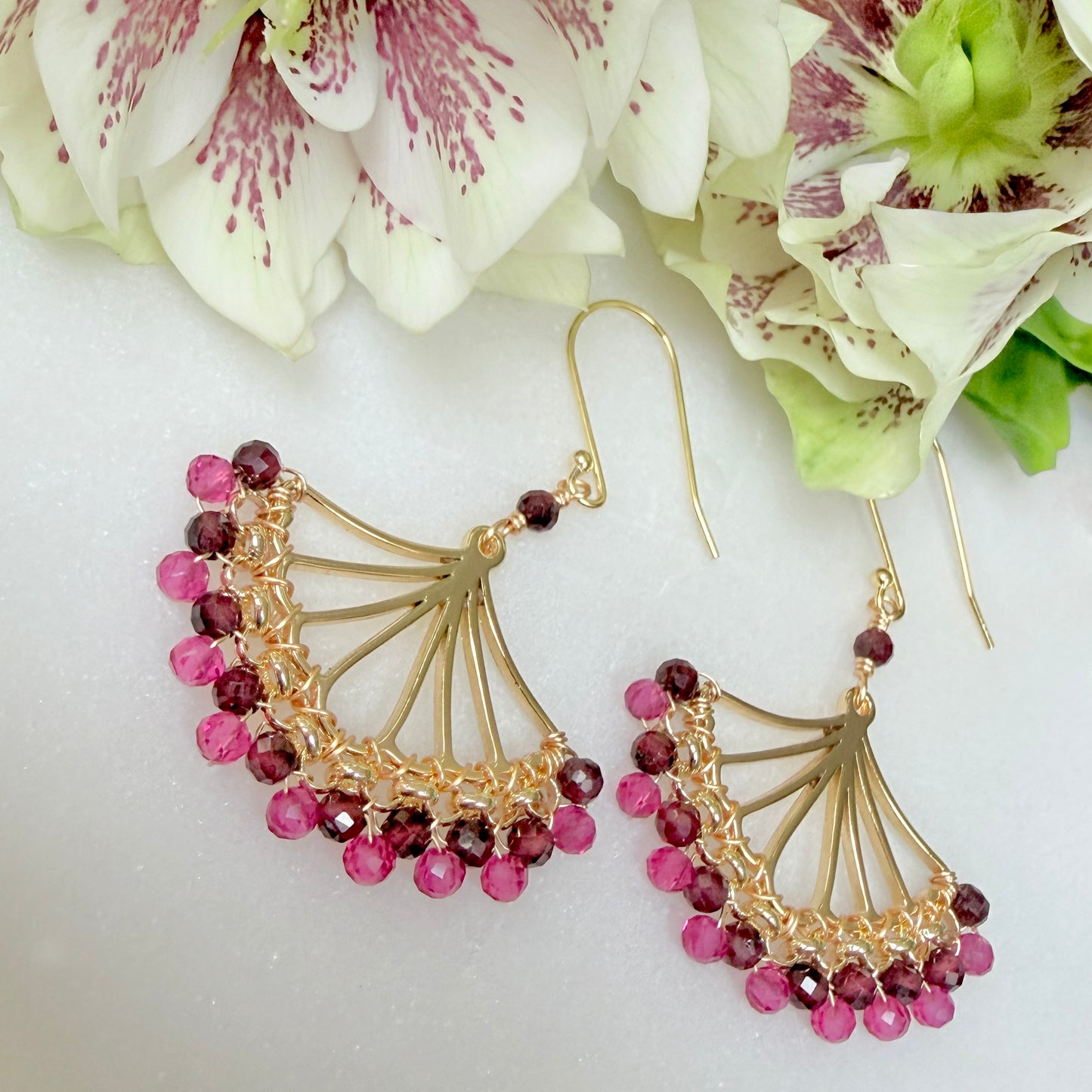 Burgundy & Fuchsia Pink Garnet Rolo Fan Beaded Earrings