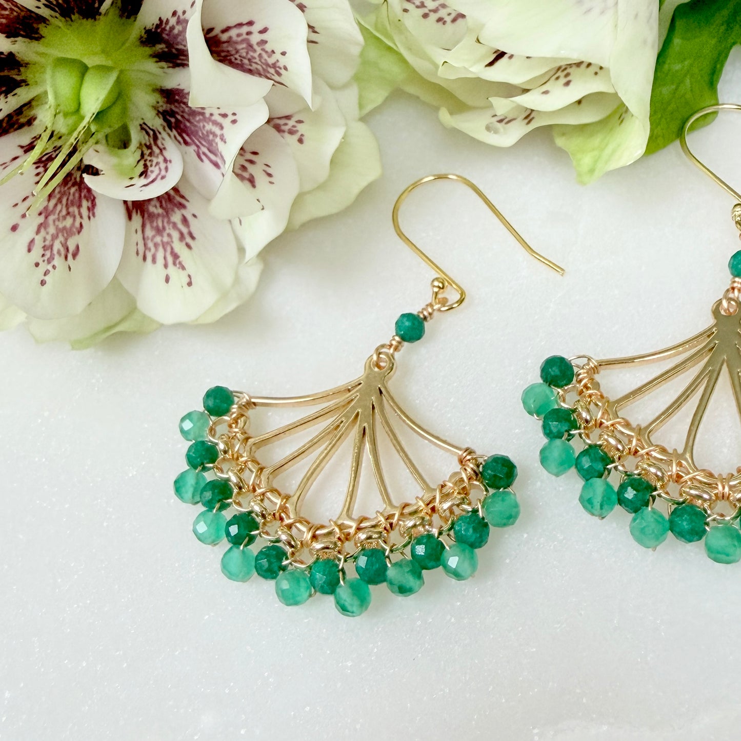 Dark Mint Green & Mid Emerald Jade Rolo Fan Beaded Earrings