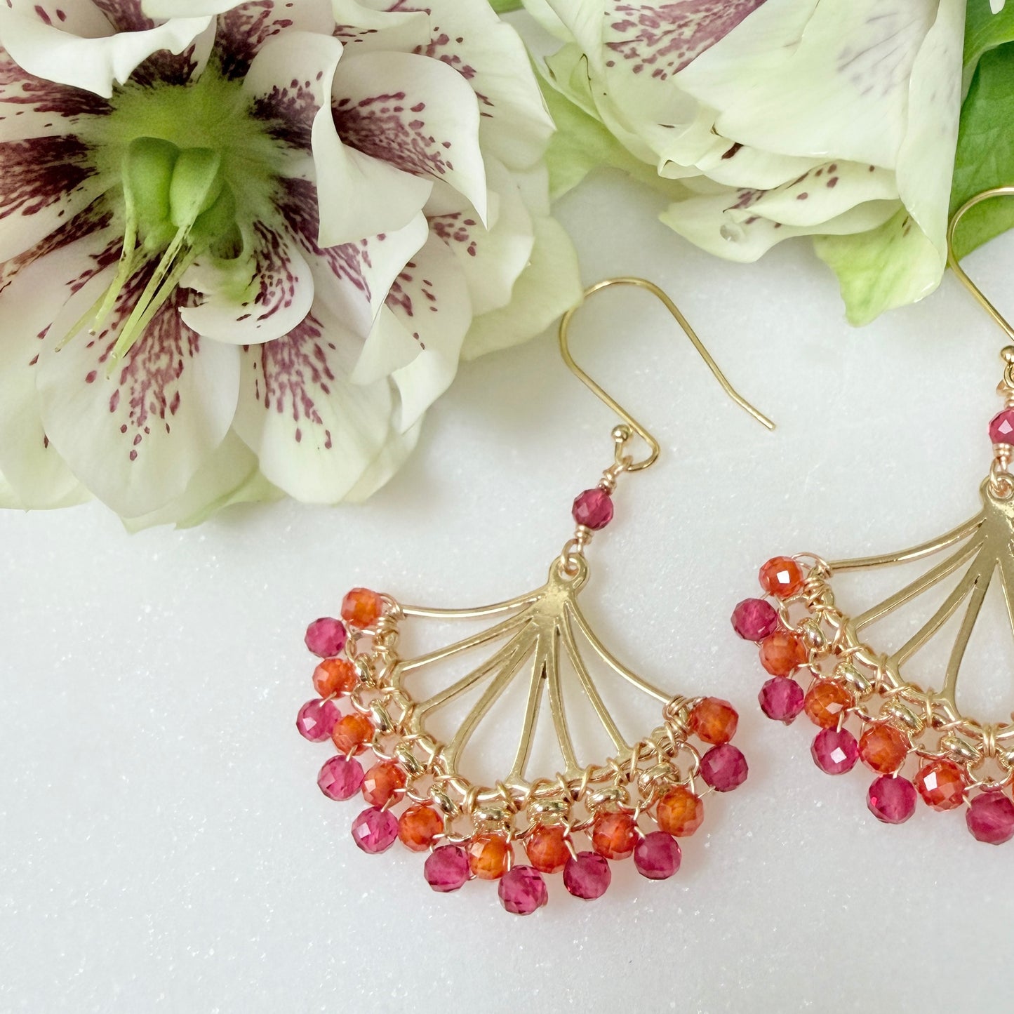 Orange Carnelian & Fuchsia Pink Garnet Rolo Fan Beaded Earrings