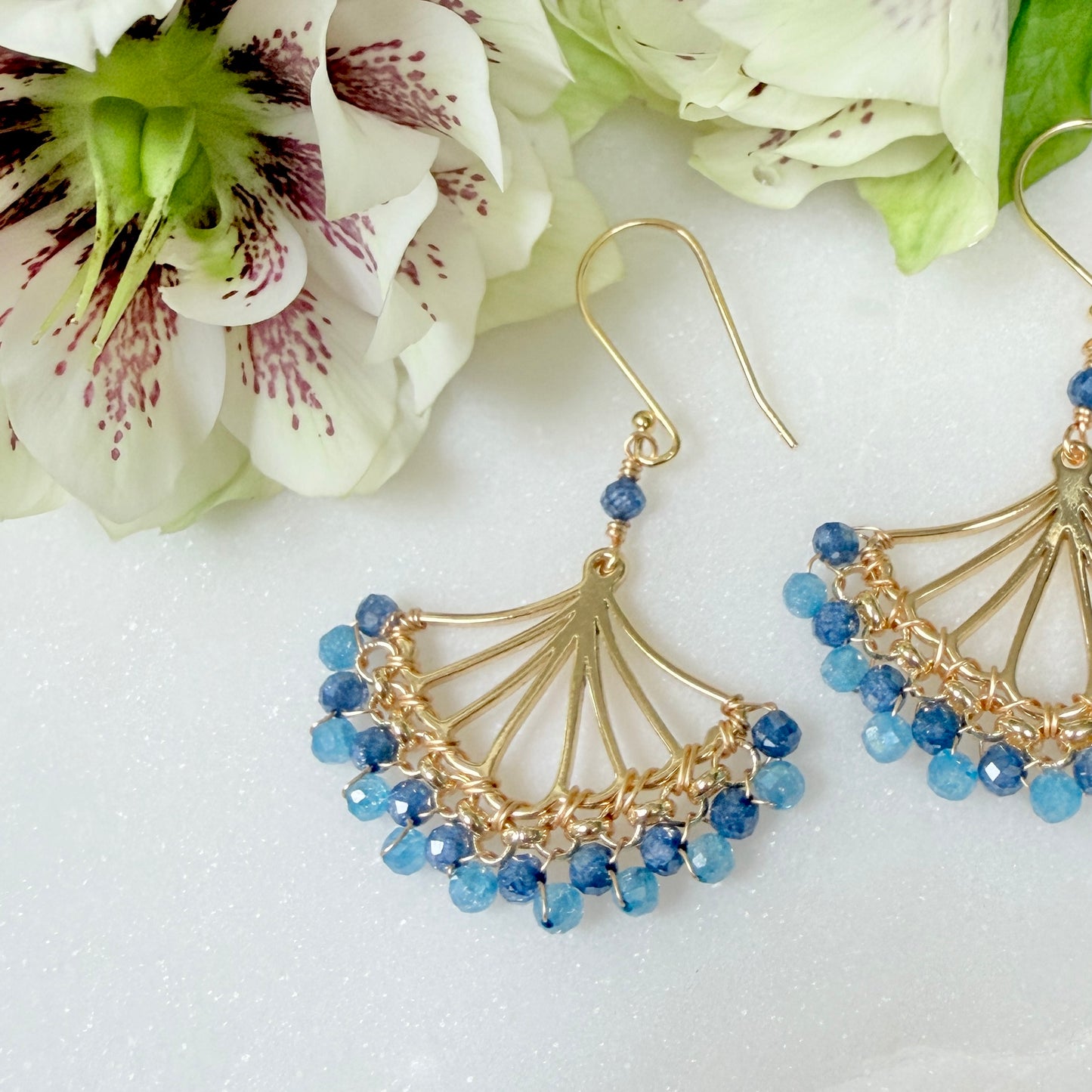 Royal Blue Azurite & Dark Cornflower Blue Kyanite Rolo Fan Beaded Earrings