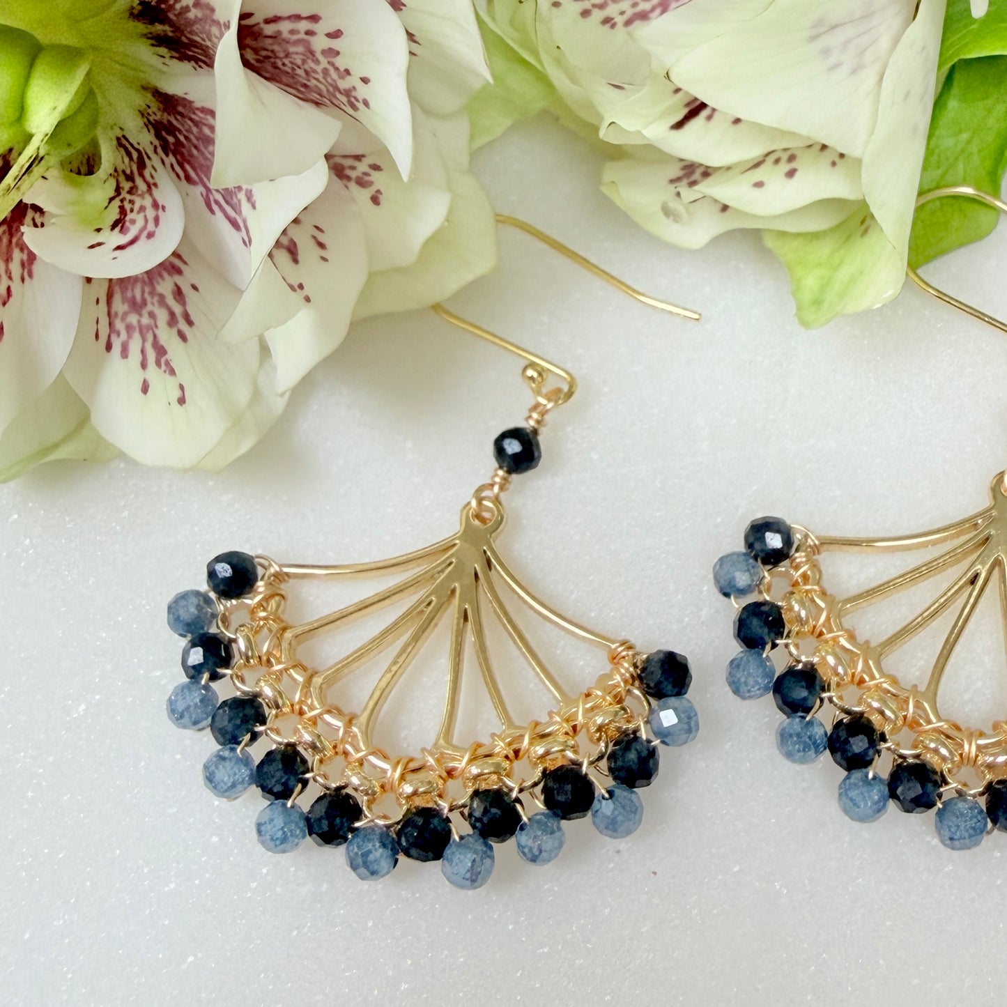 Royal Blue Azurite & Dark Denim Blue Iolite Rolo Fan Beaded Earrings