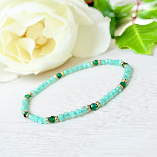 Mint Jade, Emerald Jade & Double Gold Nugget Stretchy Gemstone Bracelet