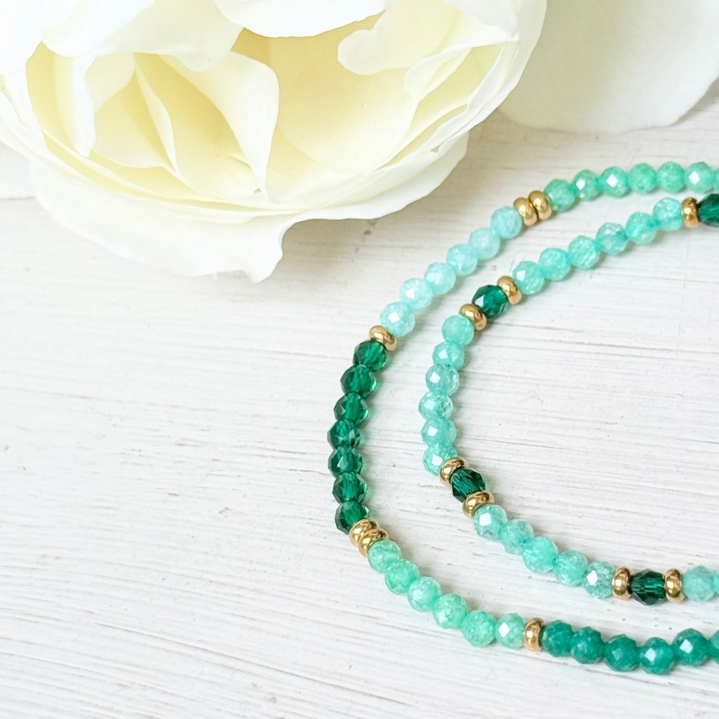 Mint Jade, Emerald Jade & Double Gold Nugget Stretchy Gemstone Bracelet