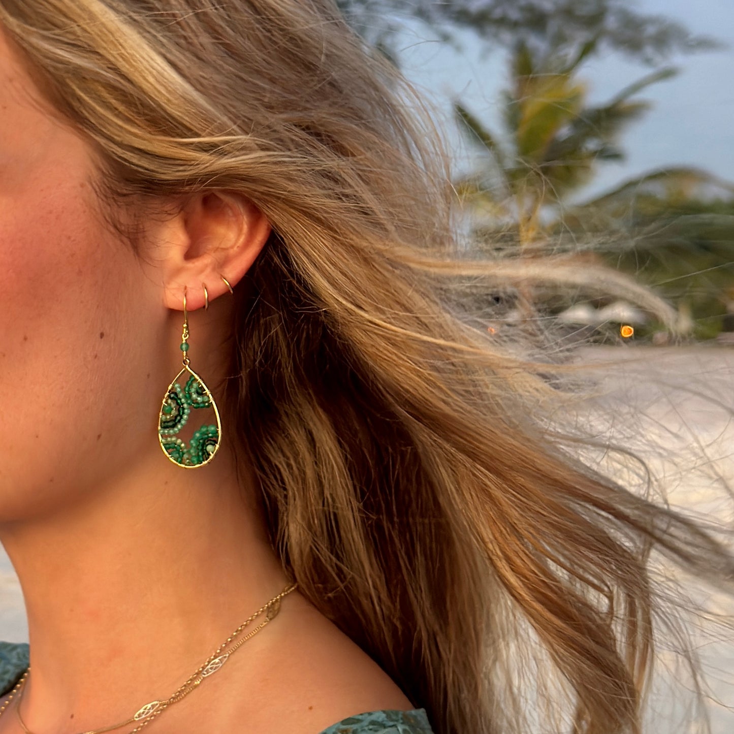 Mandala Emerald Green Jade & Mint Jade Beaded Teardrop Earrings