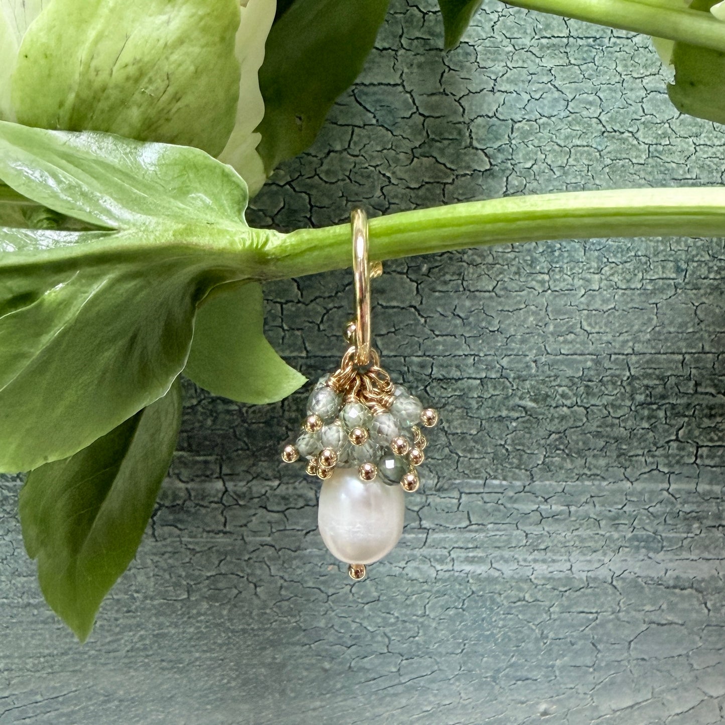 Mini Hoop Earrings With Ibiza Pearl & Sage Green Quartz Drops